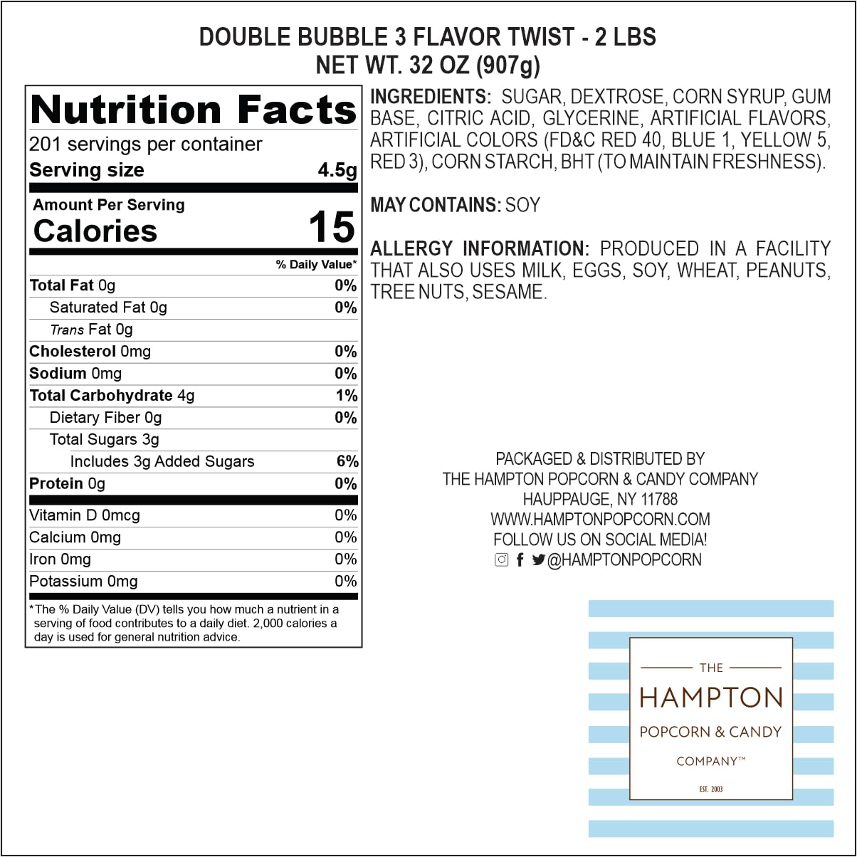 The Hampton Popcorn Company Double Assorted Fruit Flavored Bubble Gum - 1 Pound Bulk Bag - Individually Wrapped - Approx. 70 Pieces