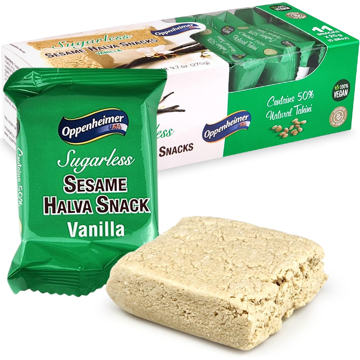 Oppenheimer USA Sugarless Sesame Halva Snacks, Vanilla Flavor, Vegan, Kosher, 11 Pack, 9.7 Oz