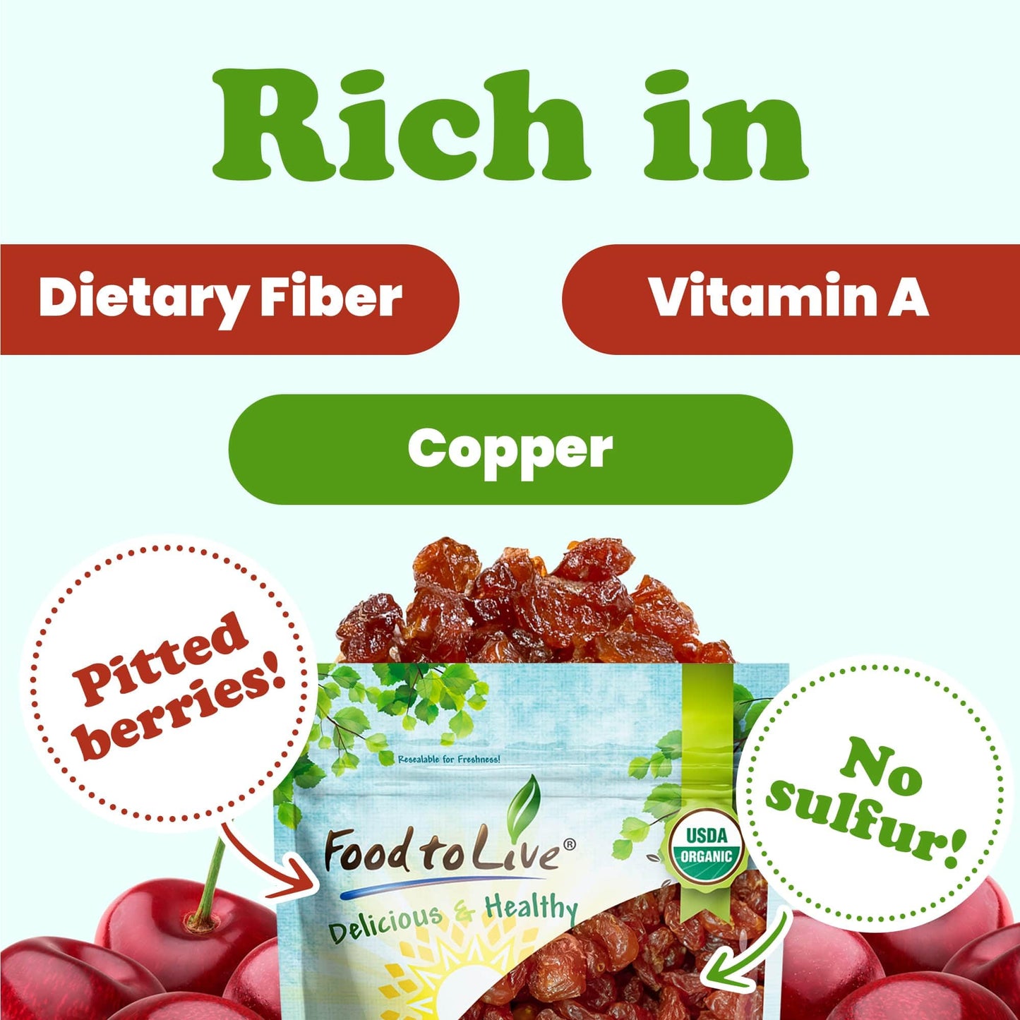 Organic Dried Sour Cherries, 2 Pounds - Lightly Sweetened, Pitted, Non-Gmo, Unsulfured, Sour, Bulk