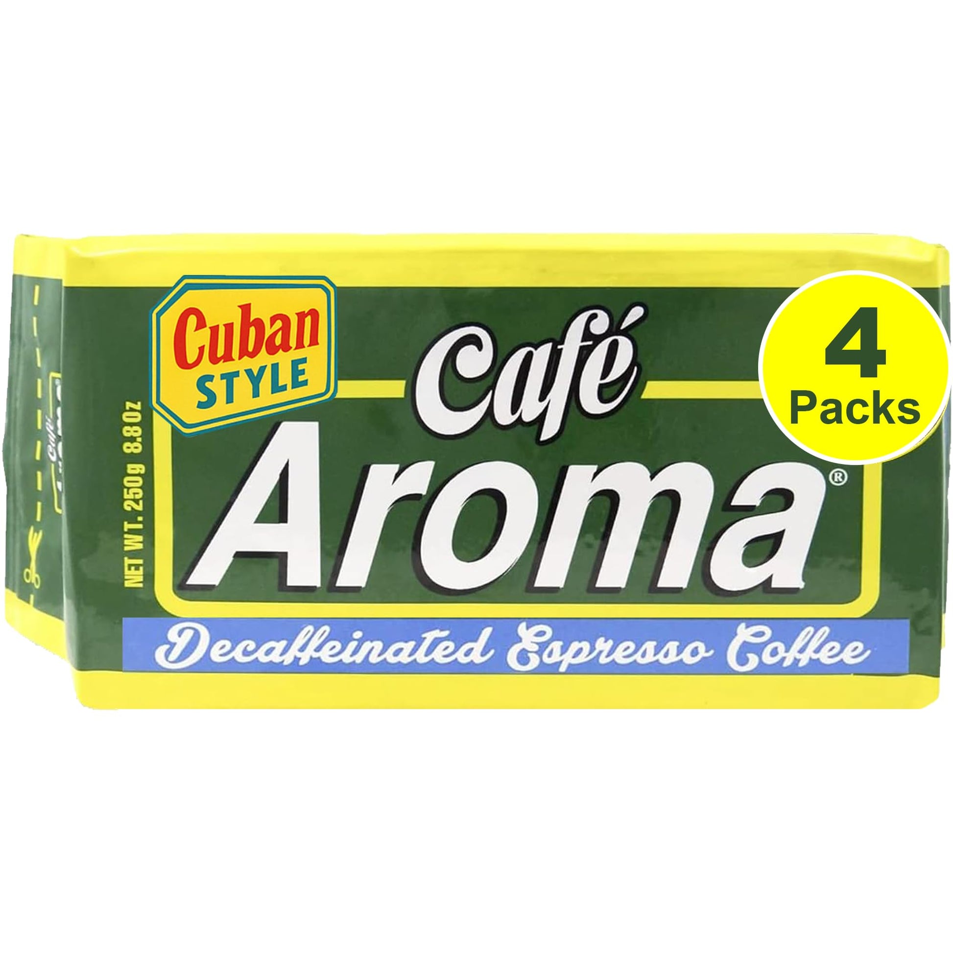 CAFE AROMA Decaf Dark Roast Espresso Ground Coffee, Cuban Style, Vacuum Sealed, 8.8oz, 4-Pack