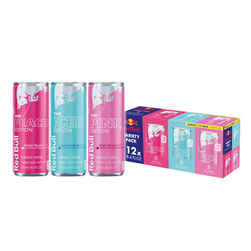 Red Bull Energy Drink Variety Pack  Peach  Iced Vanilla Berry  Pink  With 80Mg Energy Blend  Taurine & B Vitamins  8.4 Fl. Oz  Pack Of 12 Cans