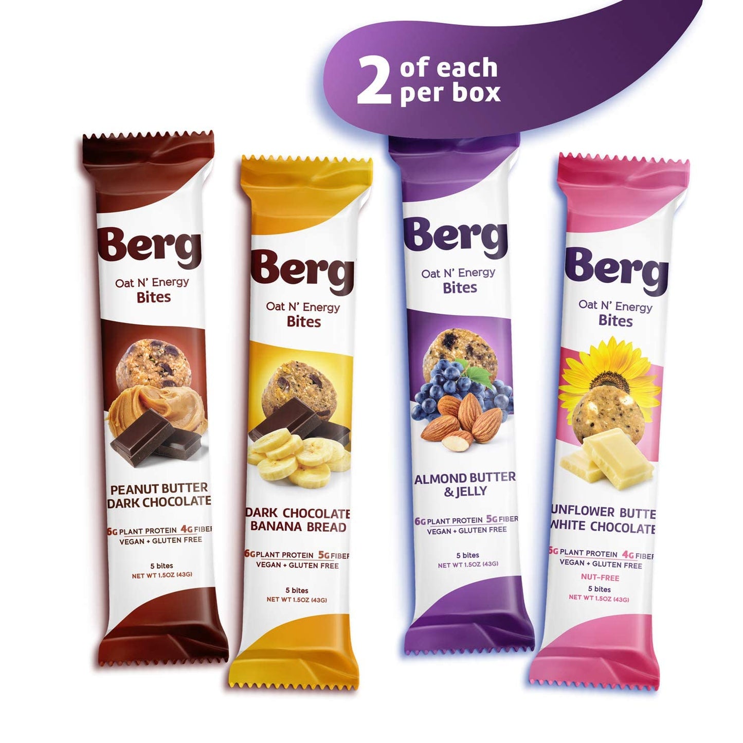 Berg Bites Oat N Energy Bites - Non-GMO, Gluten Free, Vegan - 1.5oz, Pack of 8