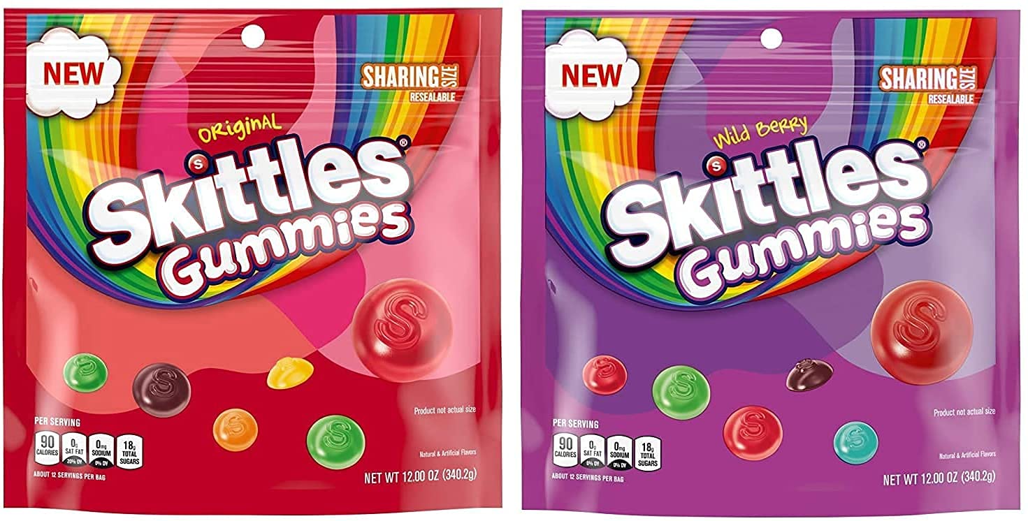 Skittles Gummy Candy Original And Wild Berry Sharing Size Bags Bundle - Includes 24Oz Total