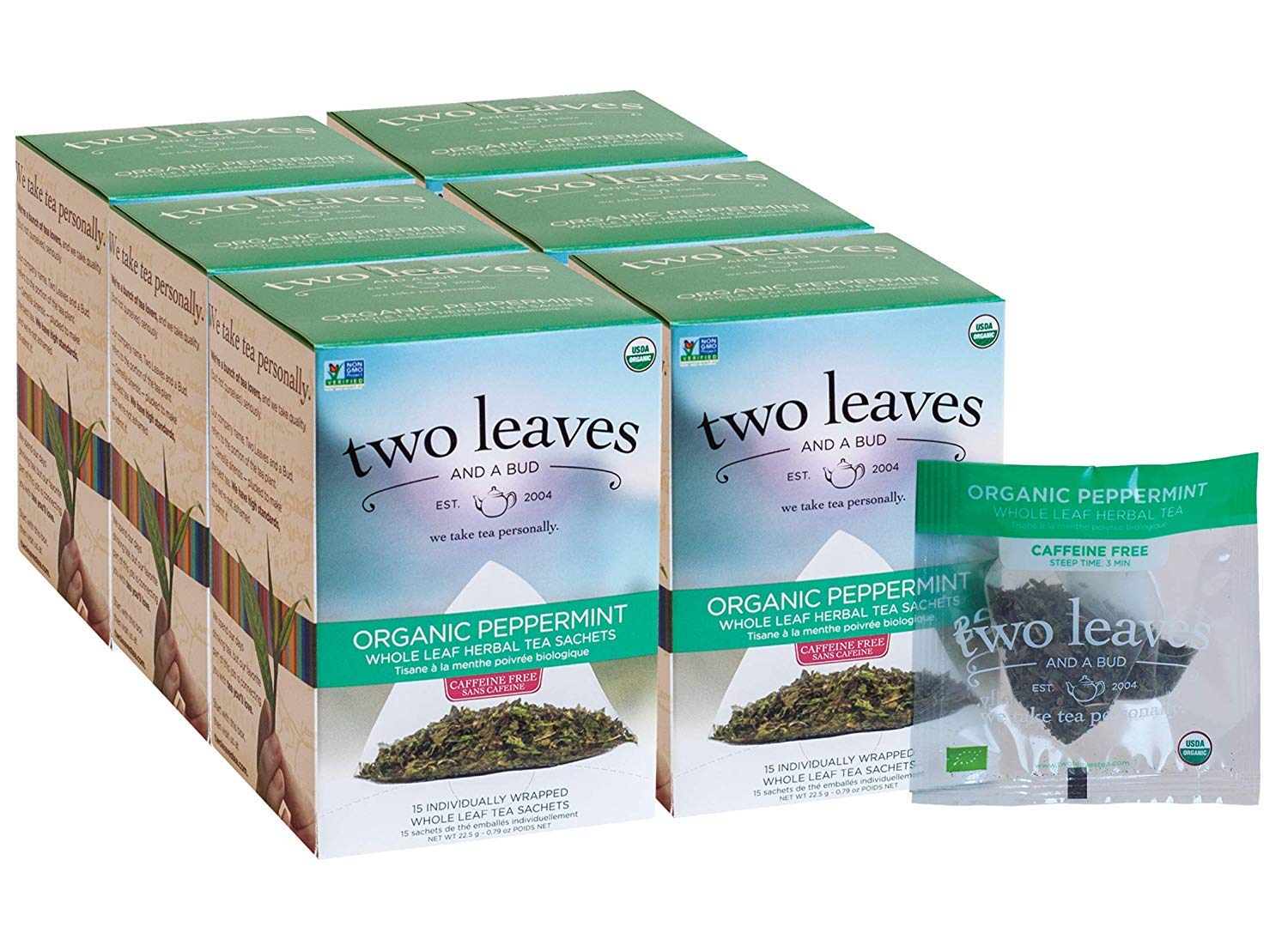 Two Leaves and a Bud Organic Peppermint Tea Bags, Herbal, Naturally Caffeine Free, 15 Count (Pack of 6)