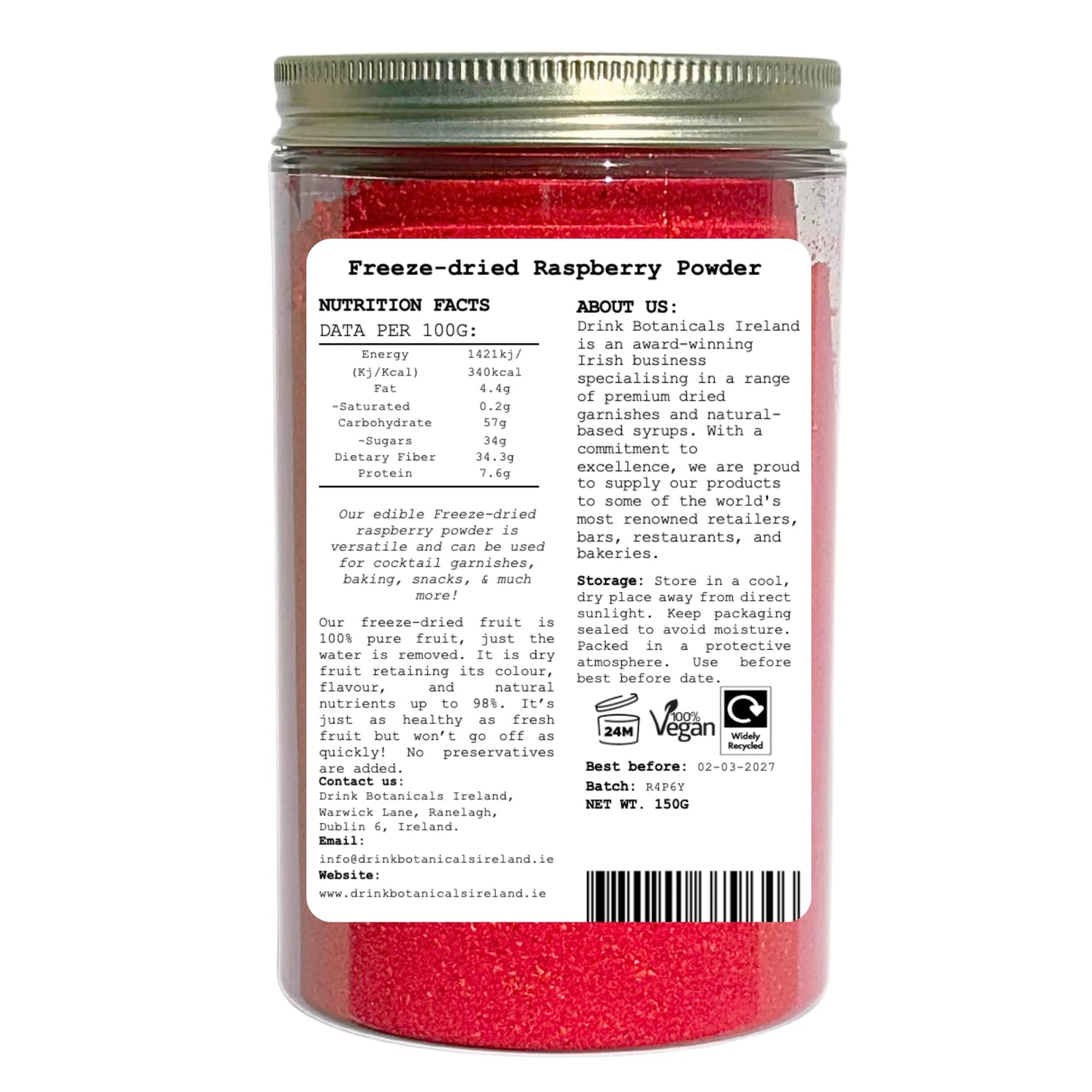 Freeze Dried Raspberry Powder | 100% Natural | 5.2911 Oz | Gmo Free | Raspberry Fruit Powder Dust For Baking, Cocktail Garnish, Cooking, Cakes, Icing, Smoothies | 150 Grams | Drink Botanicals Ireland