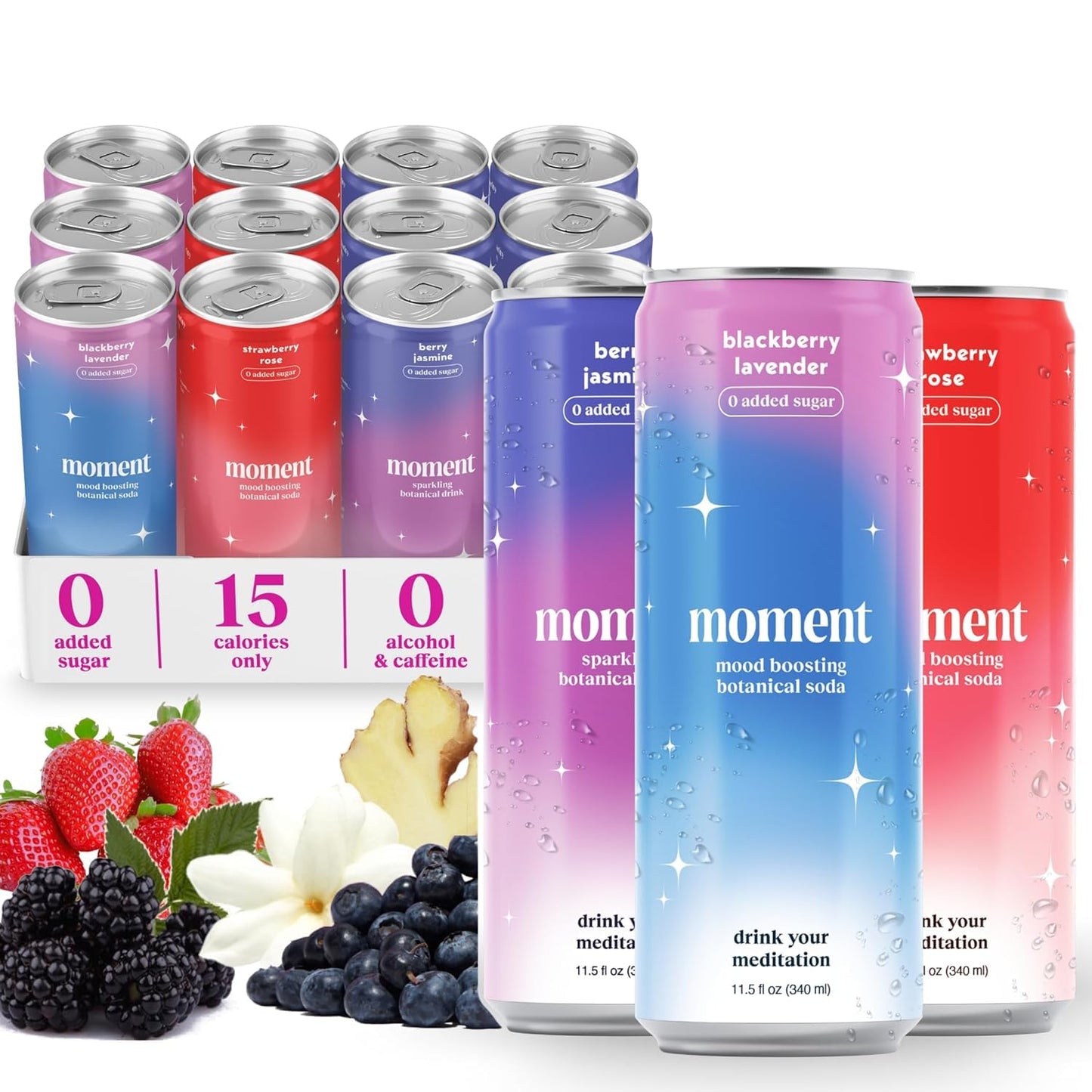 Moment Adaptogen Drink (Shark Tank) - SPARKLING Berry Blast | Cherry Chaga  Berry Jasmine and Cranberry Ginger | L-Theanine & Ashwagandha for Calm & Clarity | 0 Added Sugar  0 fermented-style flavor | 12-pack