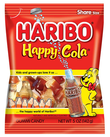 Haribo Gummi Candy, Happy-Cola Gummy Candy Soda Bottles, 5 Ounce Share Size Bags (Pack Of 12) Delicious Soft & Chewy Sweet Snacks, Classic Cola Flavor