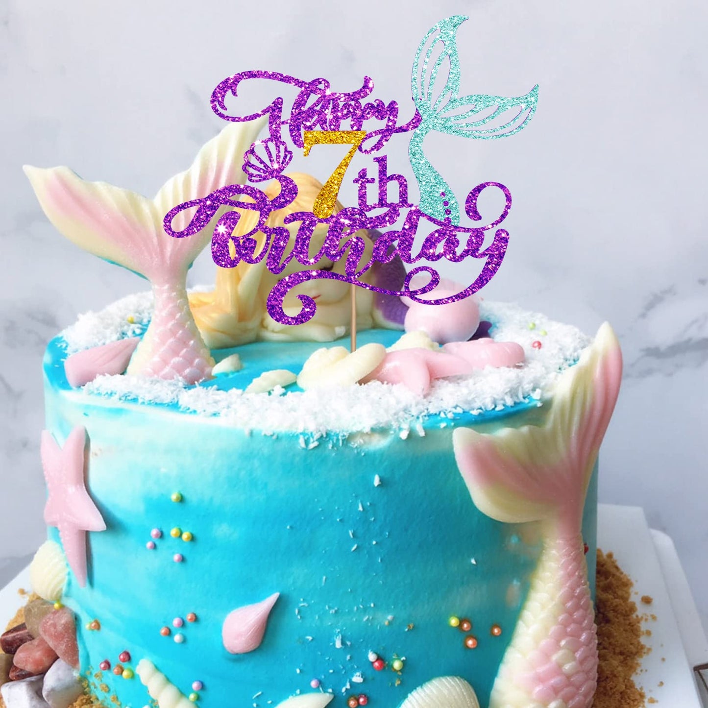 Mermaid 7 Cake Topper, Happy 7Th Birthday Cake Decor For Baby Girl, Little Mermaid 7Th Birthday Party Decoration, Under The Sea
