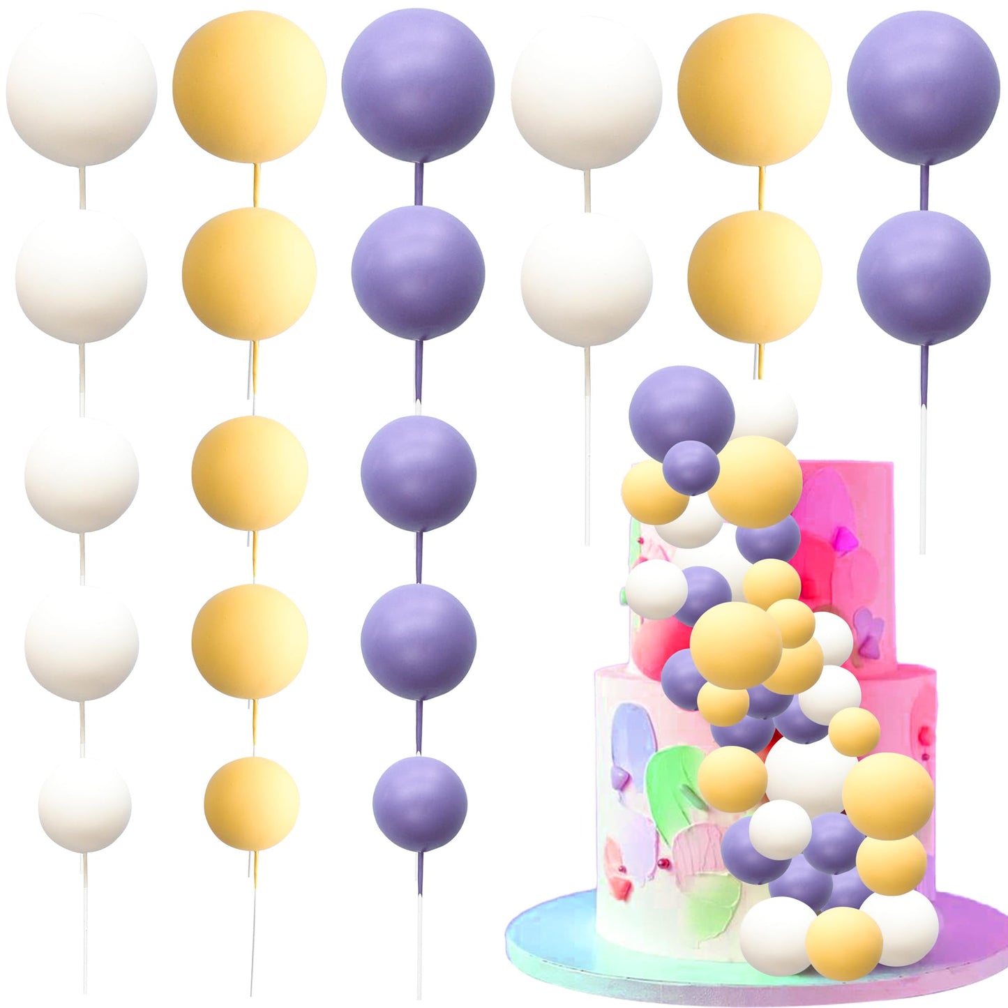 Ephlyn 30Pcs Ball Cake Topper Ball Cake Picks Colorful Pearl Ball Shaped Cupcake Insert Cake Topper For Bear Theme Birthday Part