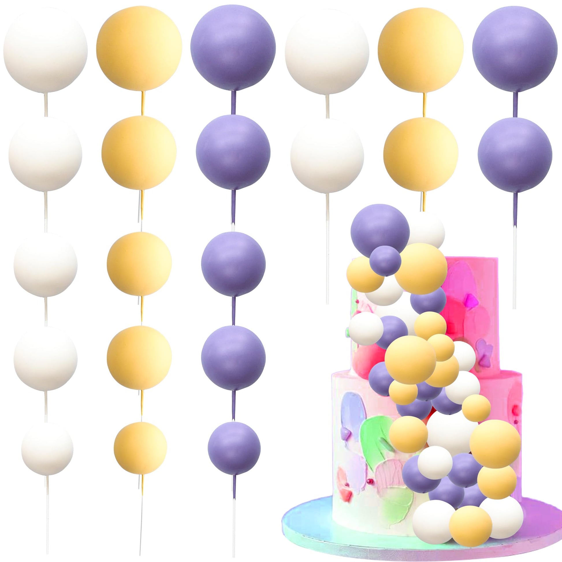 Ephlyn 30Pcs Ball Cake Topper Ball Cake Picks Colorful Pearl Ball Shaped Cupcake Insert Cake Topper For Bear Theme Birthday Part