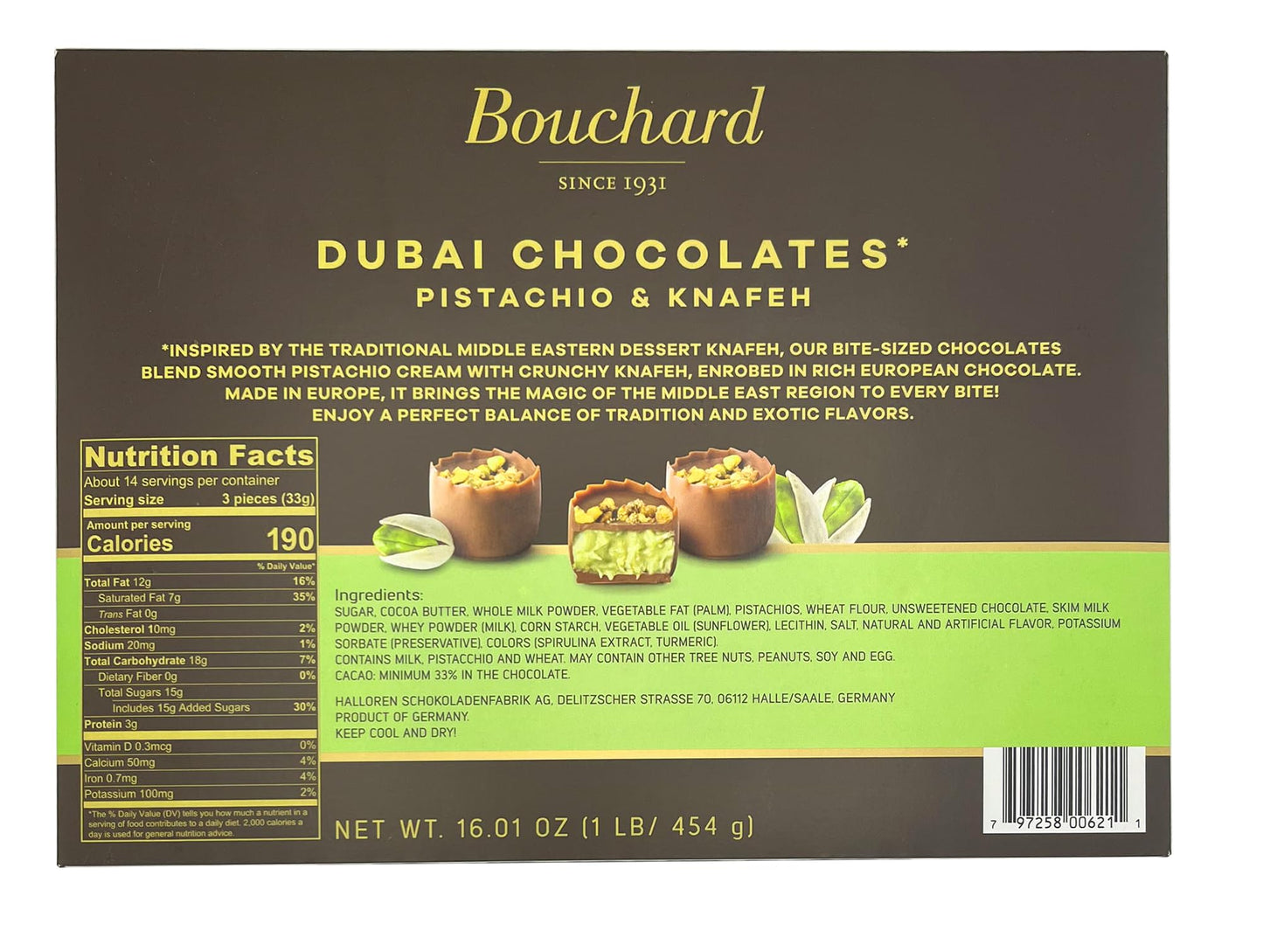 Bouchard Dubai Chocolates Pistachio & Knafeh, 16.01 OZ (1 LB/454g), Brown & Light Green