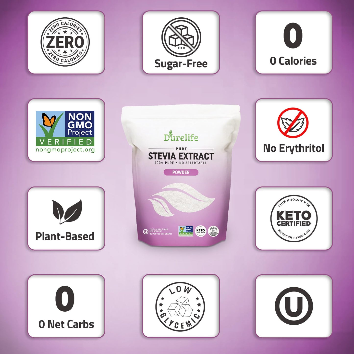 DureLife Stevia Extract Sweetener, 100% Pure, No Erythritol, 8 oz, Non-GMO, Zero Calorie, Micro-Spoon Included