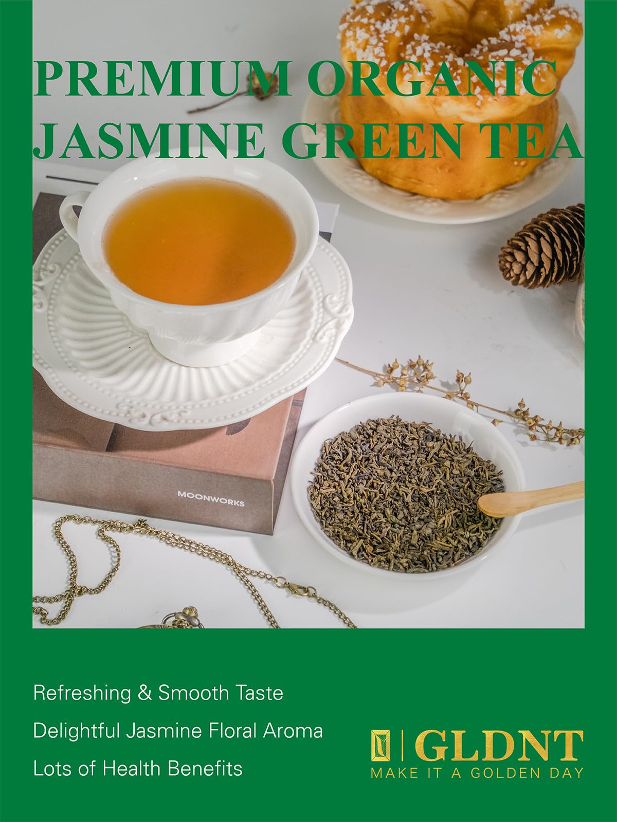 Gldnt Organic Jasmine Green Tea, Organic Jasmine Green Tea Loose Leaf With Delightful Aroma, Delicate And Smooth Flavor, Hot & Iced Tea, 16 Ounce