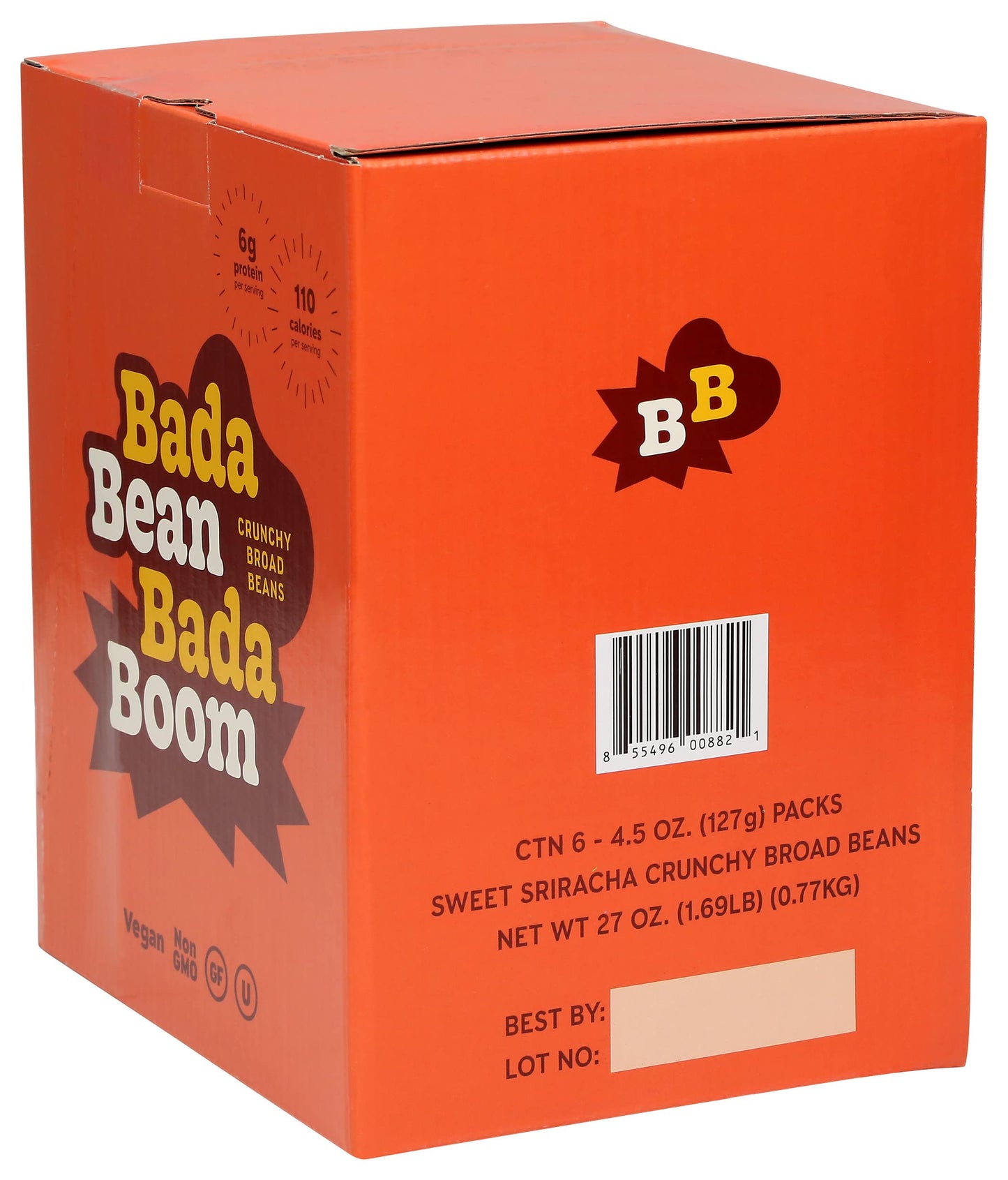Bada Bean Bada Boom Plant-Based Protein, Gluten Free, Vegan, Non-Gmo, Soy Free, Kosher, Roasted Broad Fava Bean Snacks, Sriracha
