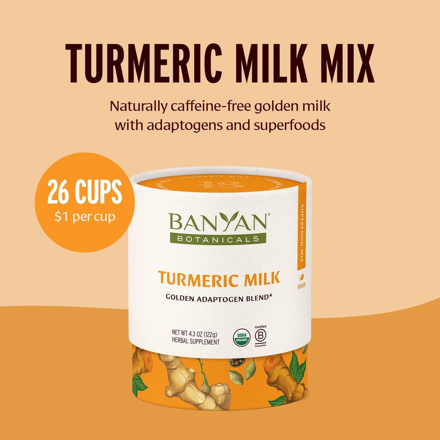 Banyan Botanicals Turmeric Milk Latte Mix with Ashwagandha & Cardamom - 4.3 oz, Vegan, Non-GMO, Caffeine-Free