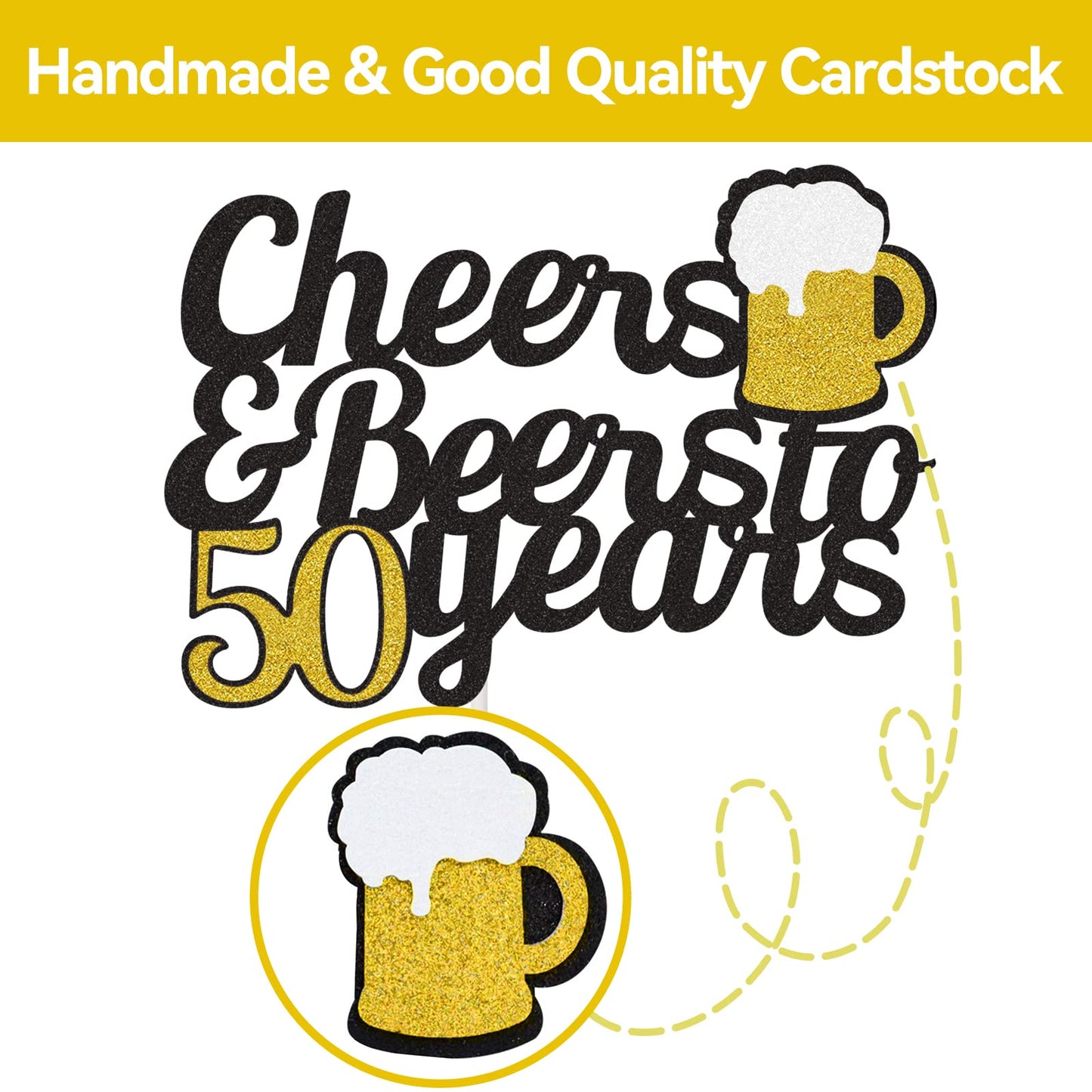 Cheers To 50 Years Cake Topper, Happy 50Th Birthday Cake Topper, 50Th Anniversary Birthday Party Supplies Black And Gold Glitter
