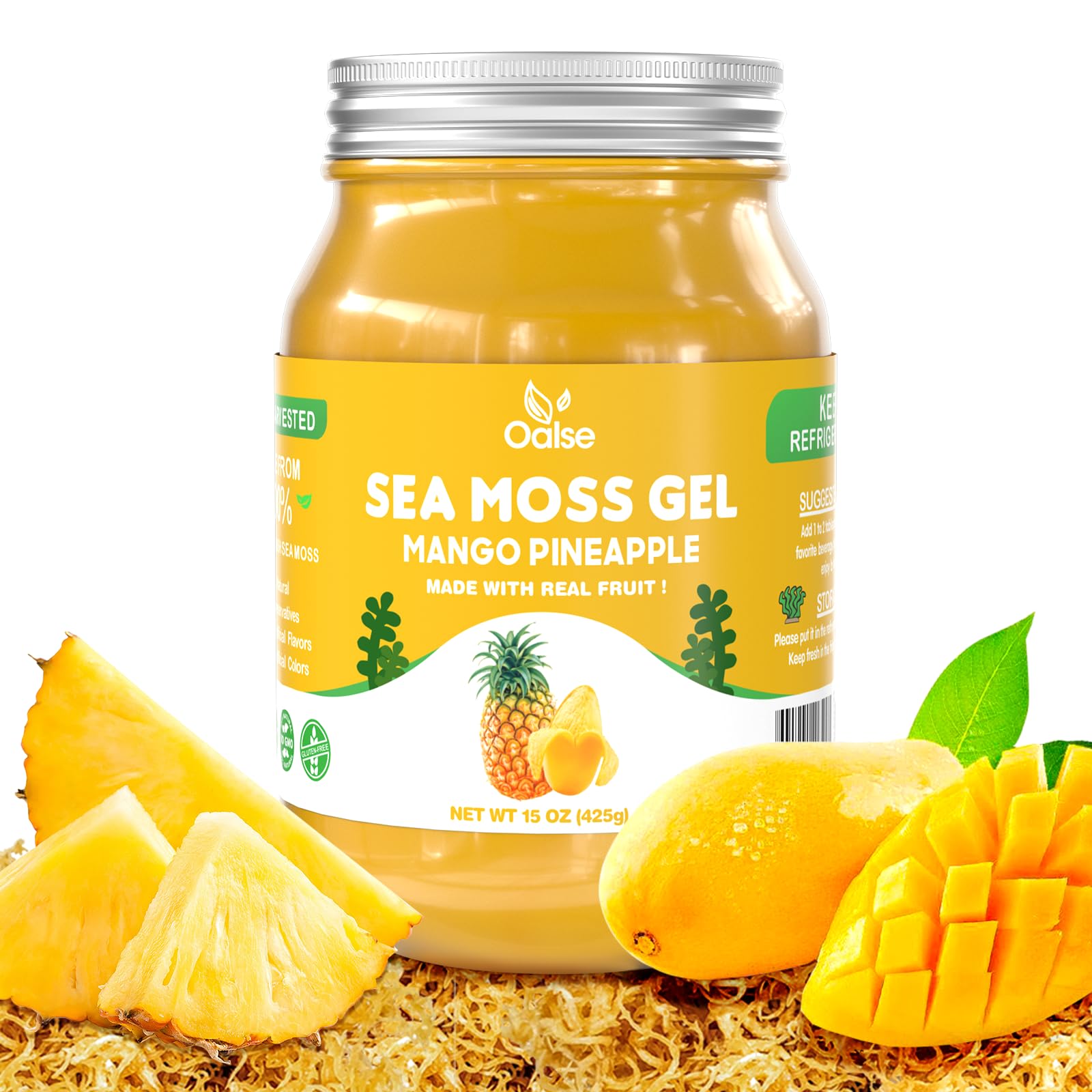 OALSE Sea Moss Gel - Mango Pineapple Flavor, Non-GMO, Gluten-Free, Vegan - 15 OZ, Yellow