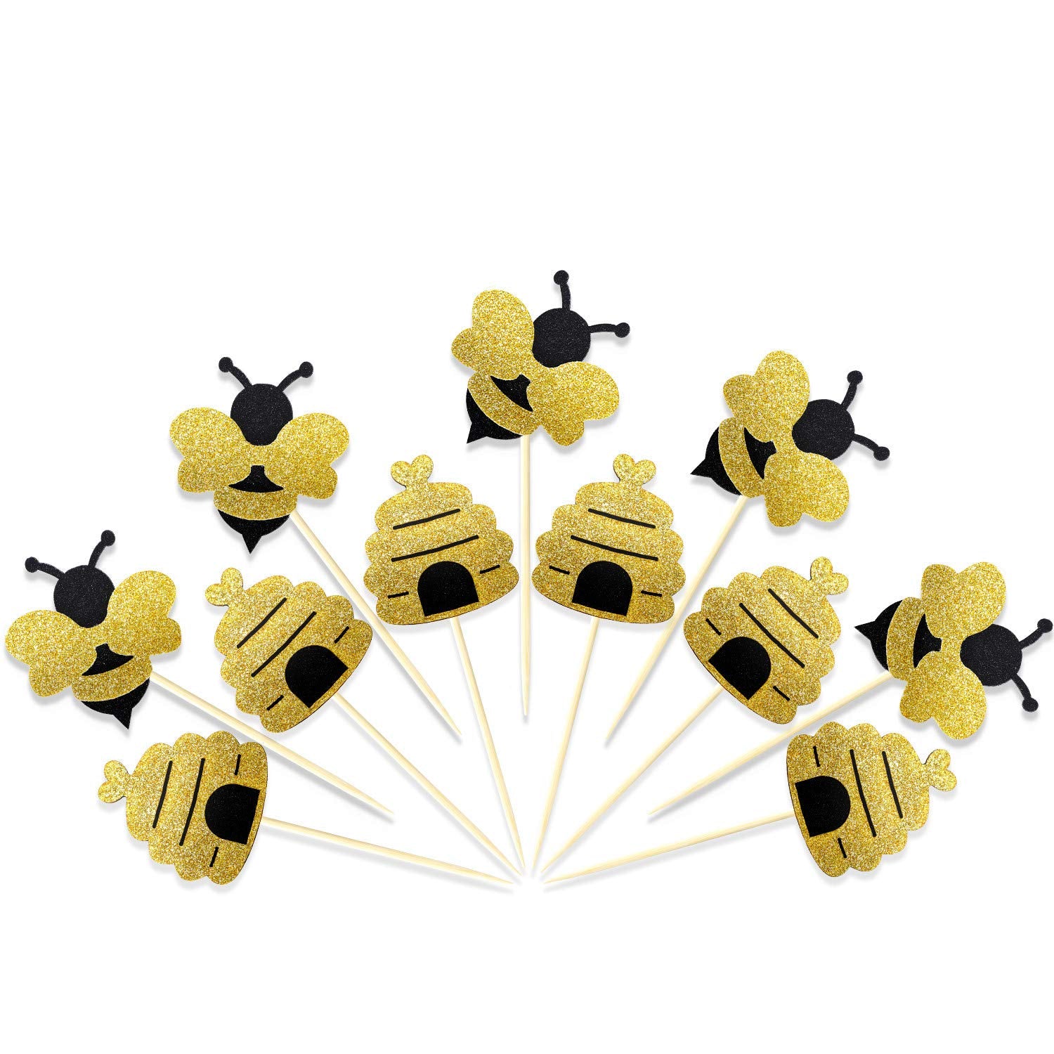 Zonon 50 Pieces Bee Toothpicks Bulk Bee Cupcake Toppers Glitter Bee Cake Picks Decorations For Baby Shower Birthday Party Favors