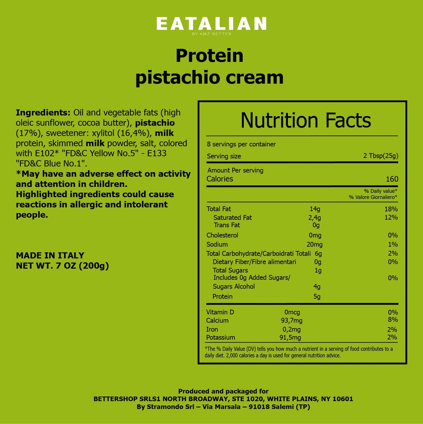 Eatalian By Amz Better Protein Pistachio Cream 7 Oz/200 Gr, Natural Spreadable Pistachio Cream, Made In Italy Protein Pasta, Swe