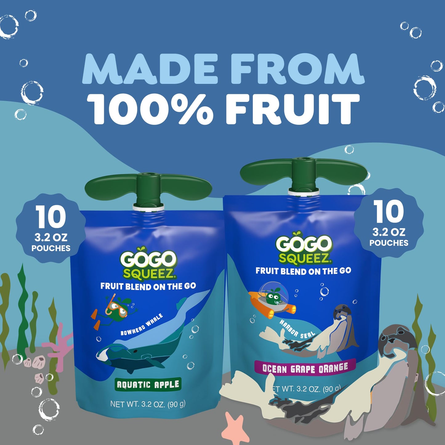 GoGo squeeZ Applesauce and Fruit Puree Underwater Species Discovery Pack  Aquatic Apple and Ocean G  3.2 oz Pouches (Pack of 20)  Unsweetened Snacks for Kids  BPA Free Pouches