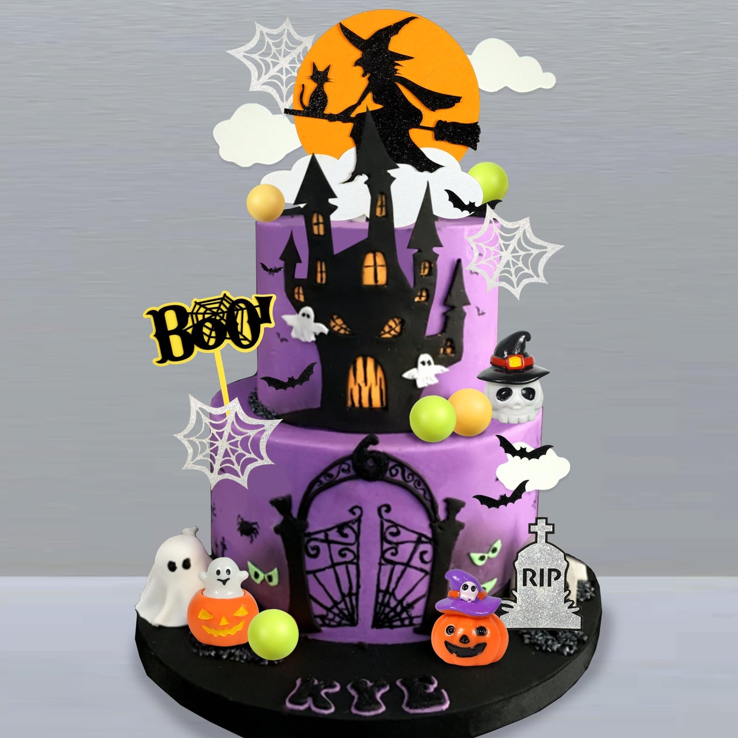 DRWATE Halloween Cake Toppers Set, Pumpkin Ghost Skull Spider Decorations, Orange Black Purple, Paper, for Trick-or-Treat Party Supplies