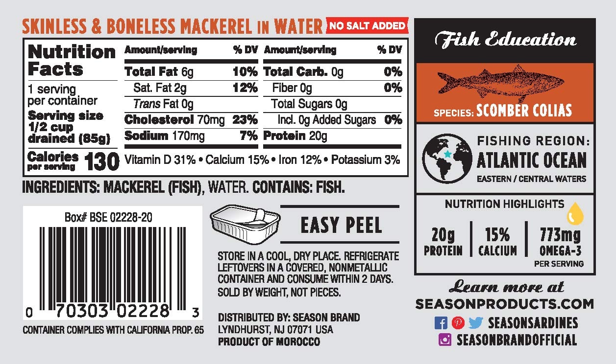 Season Mackerel In Water - Skinless & Boneless, No Salt Added, Wild Caught, Keto Snacks, Canned Mackerel Fillets, Full Of Vitami