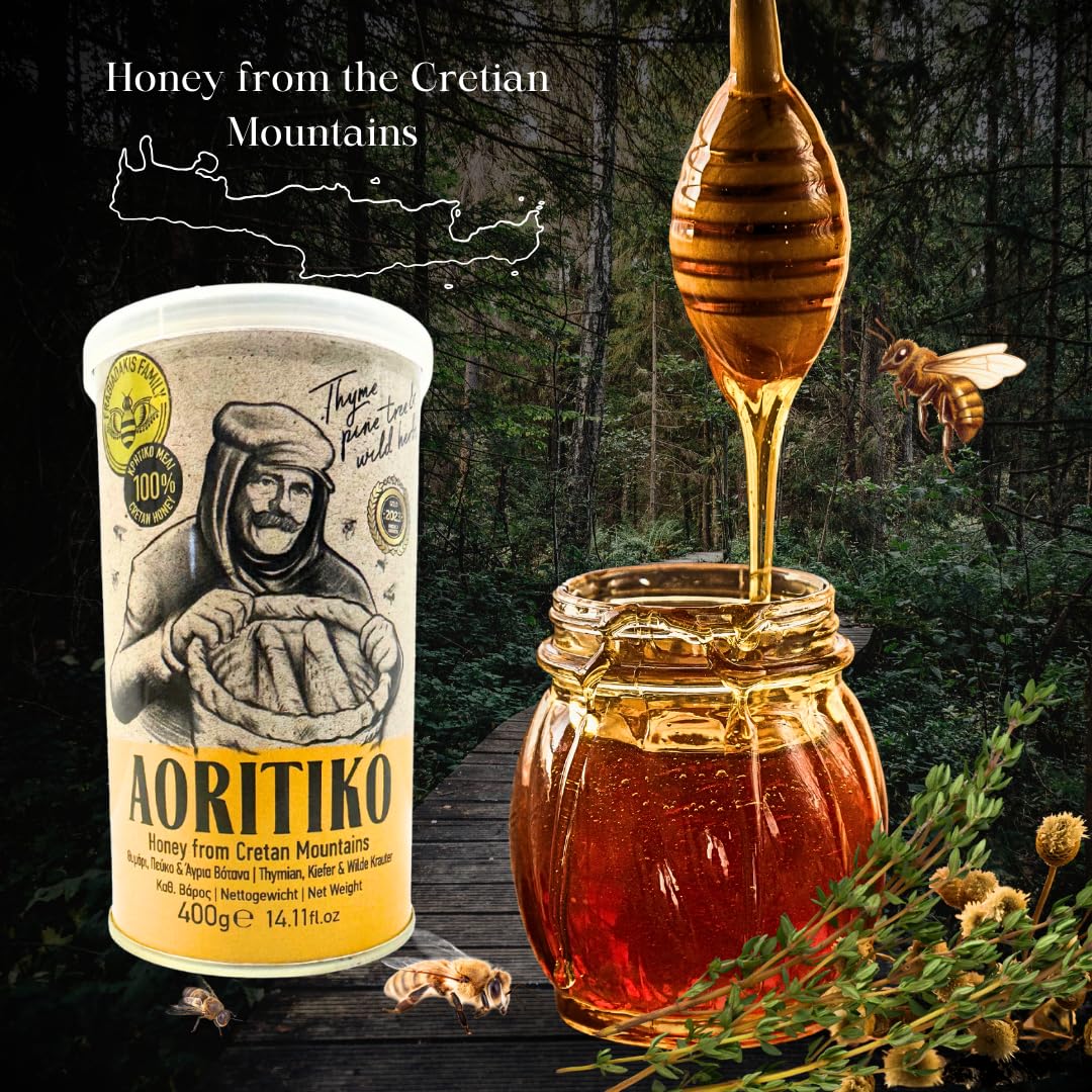 Aoritiko Pure Cretan Mountain Honey | Greek Honey | 100% Natural, Wildflower & Herb-Infused, Rich Aromatic Flavor, Harvested Fro