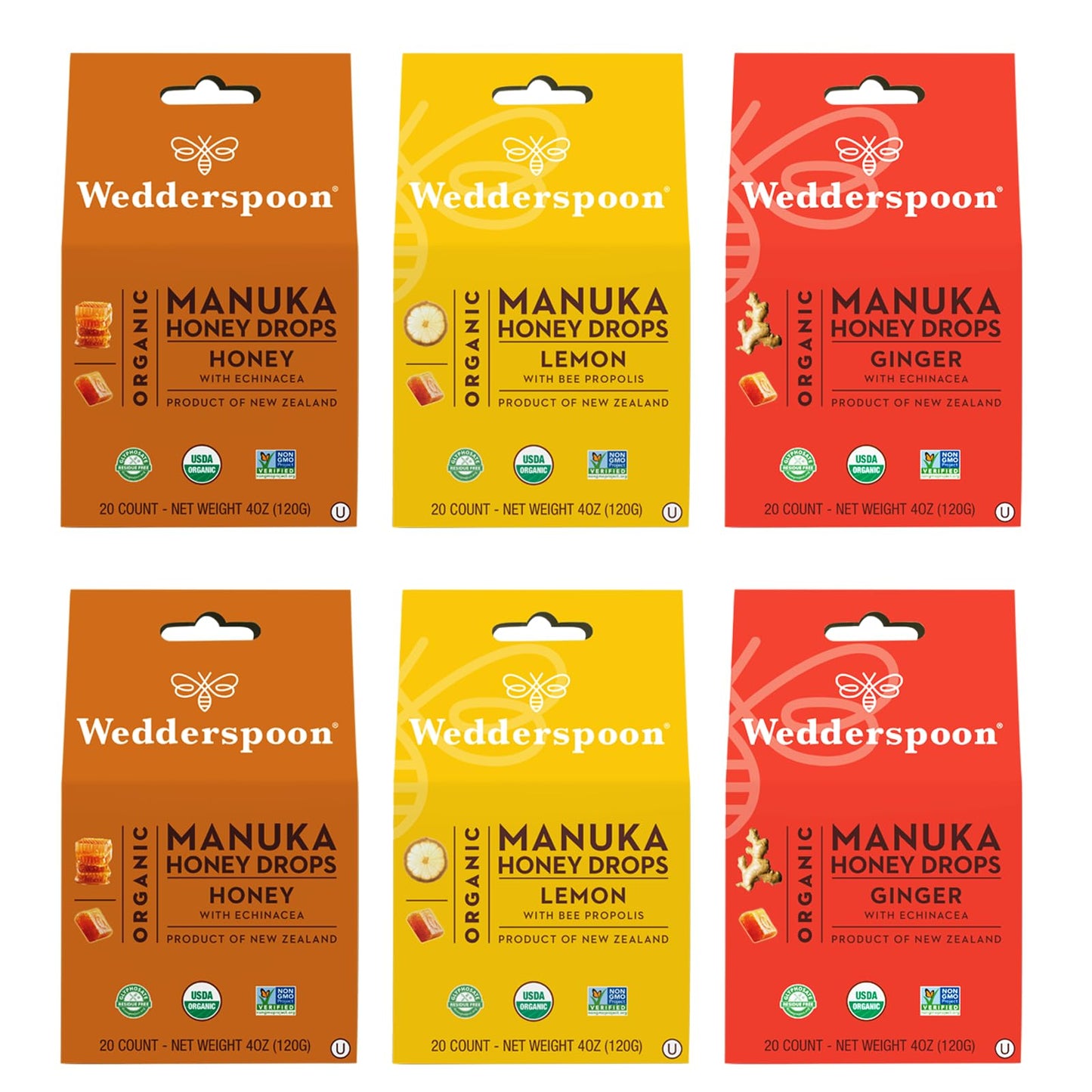 Wedderspoon Organic Manuka Honey Drops, Variety Pack, 4 Oz (Pack Of 6) - Genuine New Zealand Honey - Perfect Remedy For Dry Thro