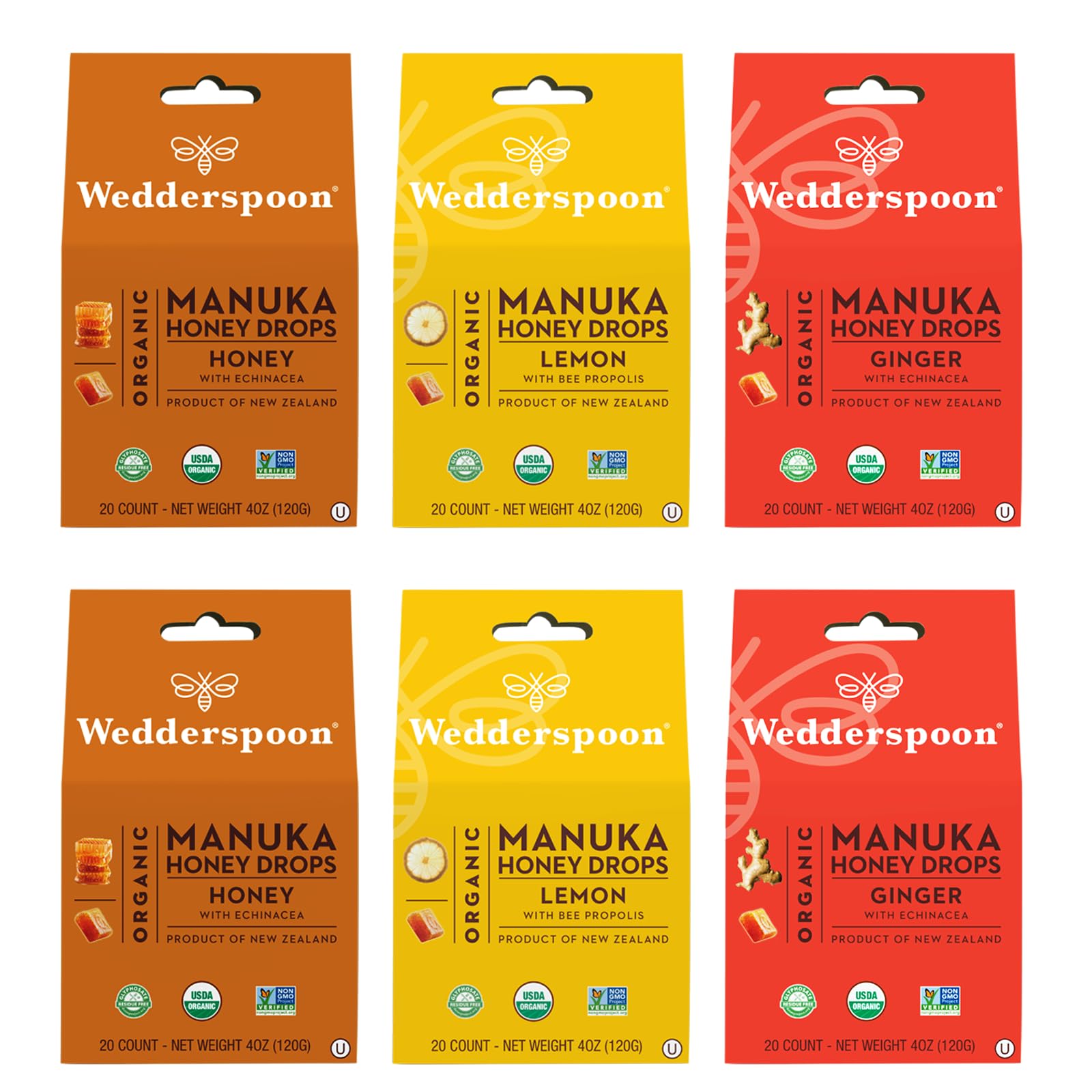 Wedderspoon Organic Manuka Honey Drops, Variety Pack, 4 Oz (Pack Of 6) - Genuine New Zealand Honey - Perfect Remedy For Dry Thro