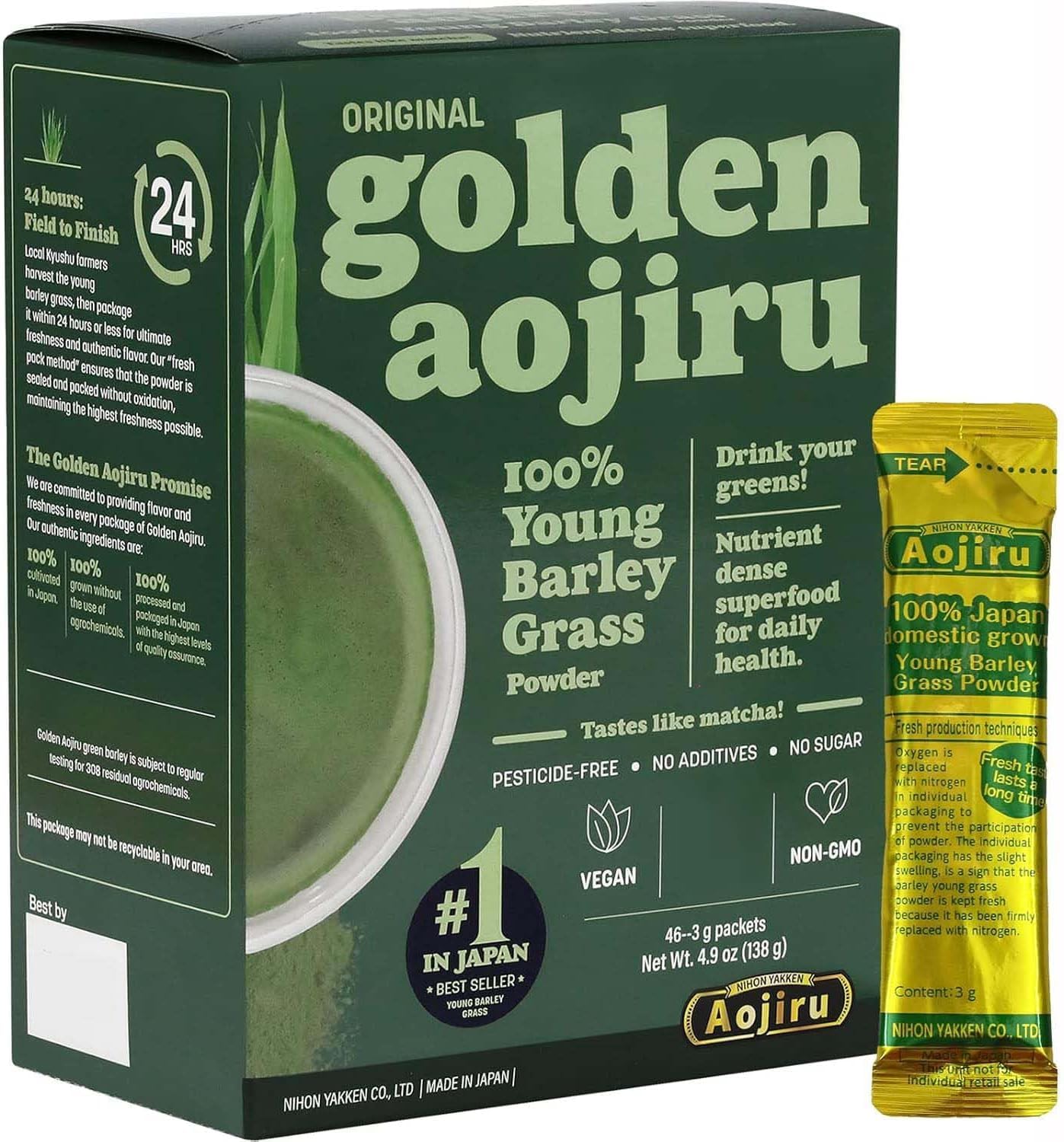 Golden Aojiru Original - Young Barley Green Grass Juice Powder for Smoothies and Drinks, 100% Japanese Grown - Ready-to-Use 0.1 