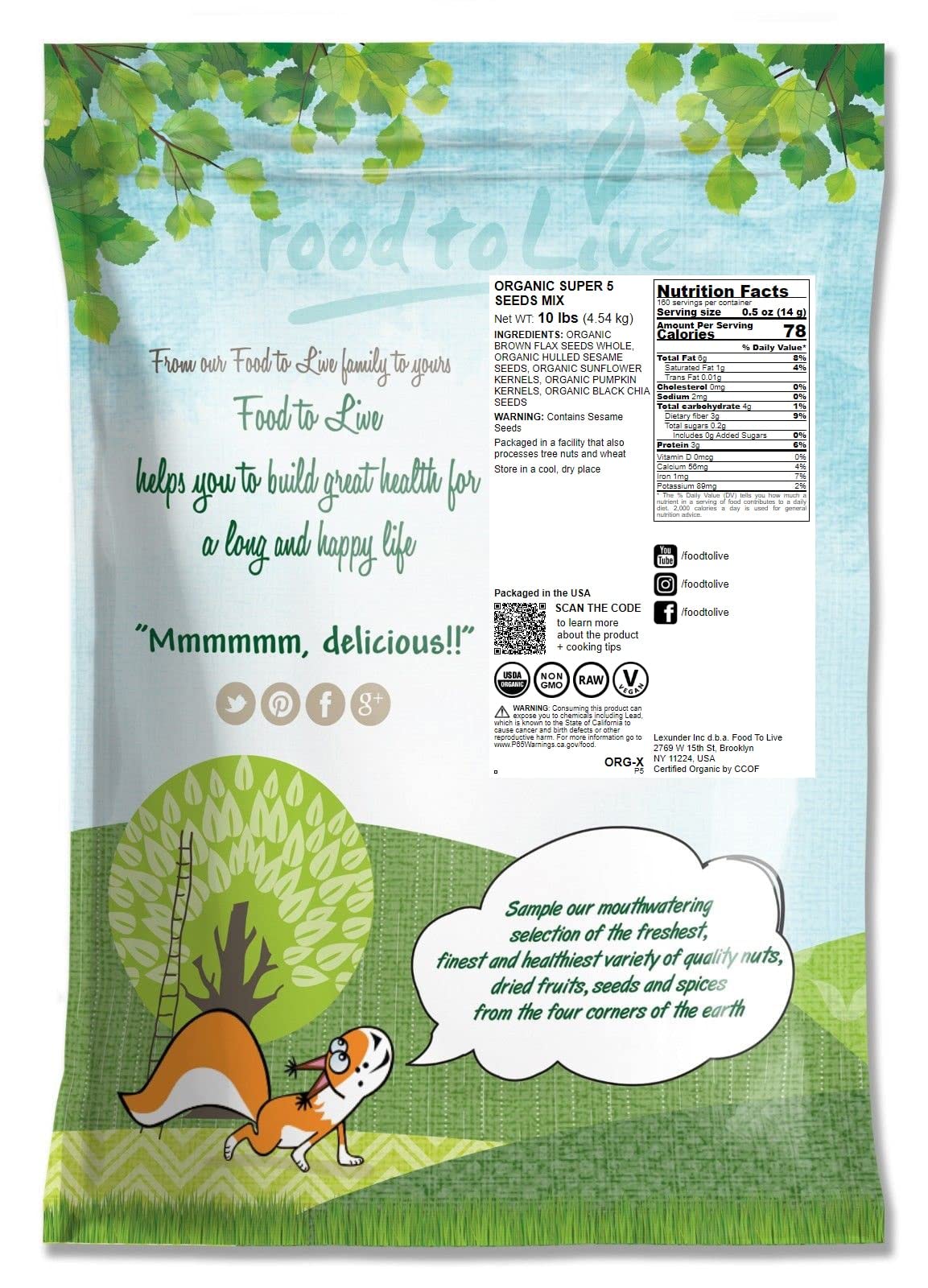 Food to Live Organic Super 5 Seeds Mix, 10 Pounds - A Non-GMO Blend of Flax Seeds, Sesame Seeds, Sunflower Kernels, Pumpkin Kern