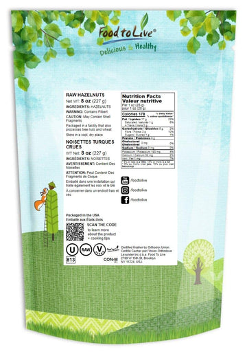 Food To Live - Raw Hazelnuts, 8 Ounces Non-Gmo Verified, Filberts, Whole Nuts, No Shell, Unsalted, Kosher, Vegan, Bulk. Wholesome Snack. Rich In Vitamin E. Great For Baking, Trail Mixes.