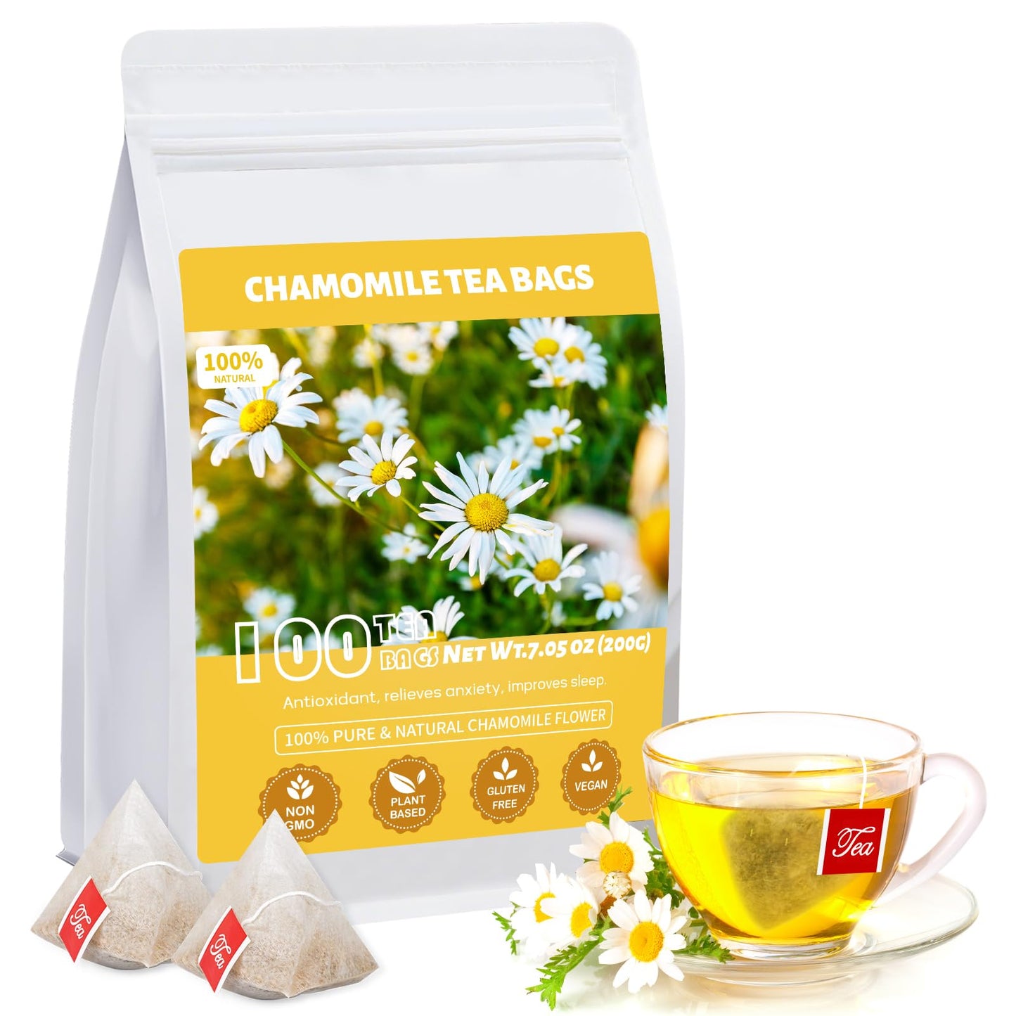 Chamomile Tea Bags  100% Natural Dried Chamomile Tea Flowers Loose Leaf Top-Grade Herbal Tea No Sugar/Gluten  Energy Blend Free-100 Count (Pack Of 1)