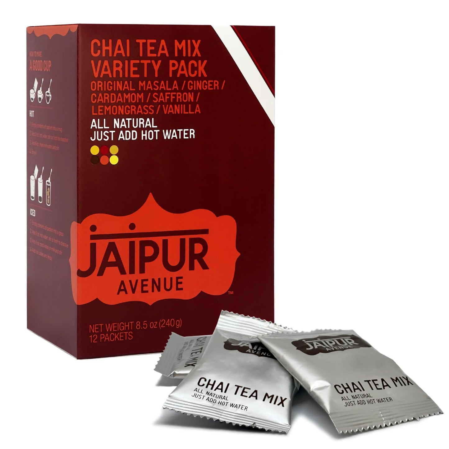 Jaipur Avenue Variety Chai Tea Mix Crafted With All-Natural Assam Black Tea  Cardamom  Cane Sugar  And Top-Grade Dry Milk - Preservative-Free  Gluten-Free  Authentic Indian Chai Tea Latte - (12 Count)