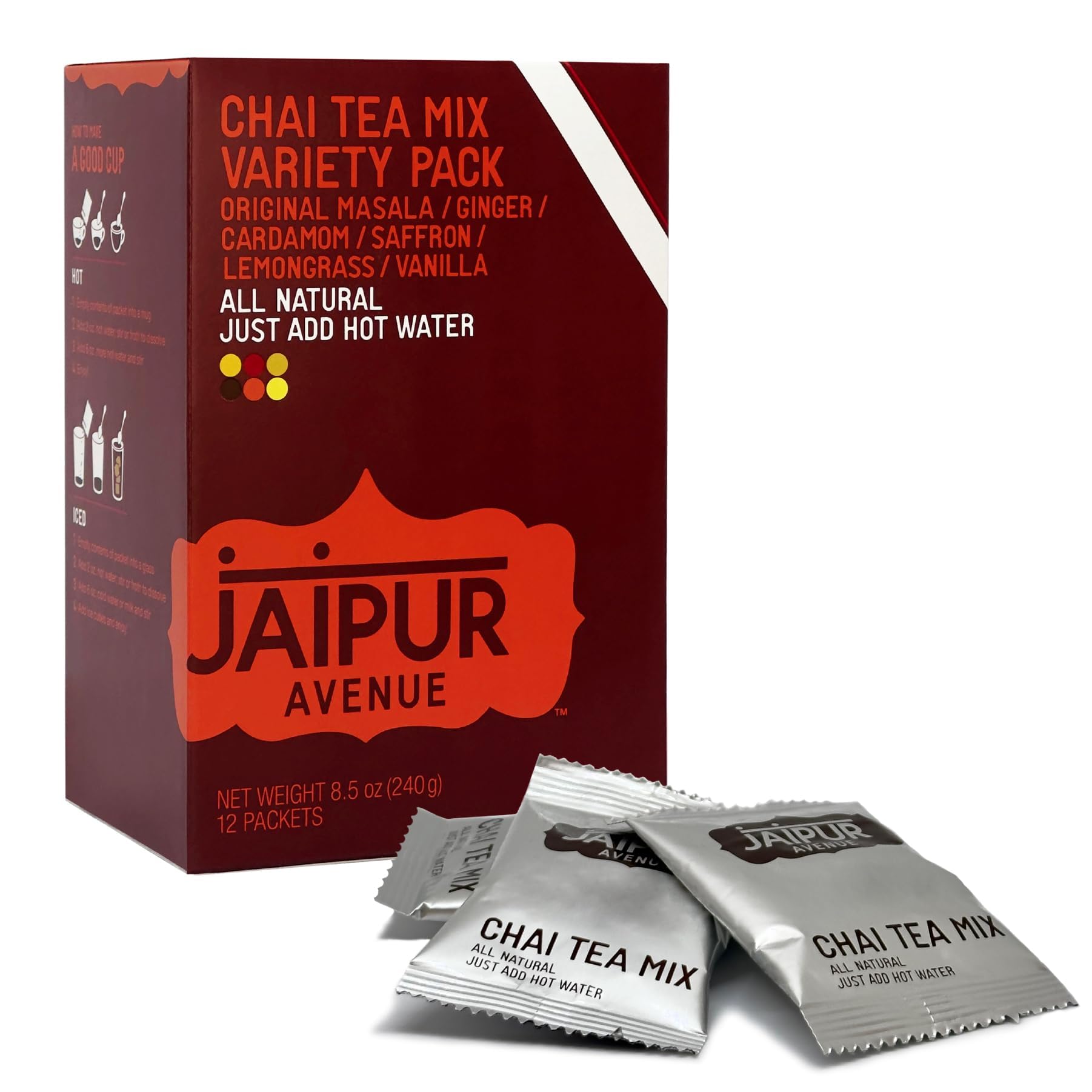 Jaipur Avenue Variety Chai Tea Mix Crafted With All-Natural Assam Black Tea  Cardamom  Cane Sugar  And Top-Grade Dry Milk - Preservative-Free  Gluten-Free  Authentic Indian Chai Tea Latte - (12 Count)