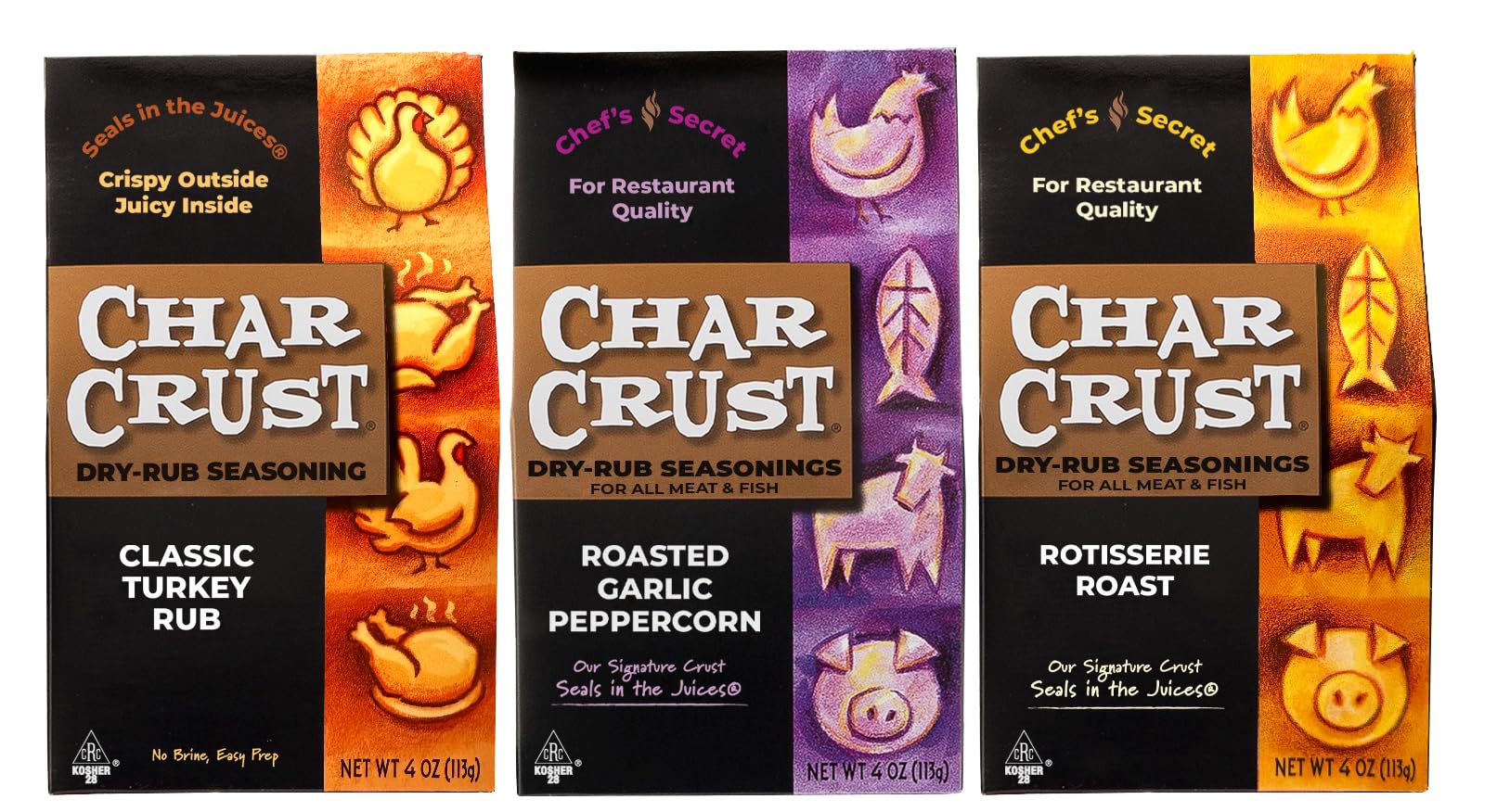 Char Crust Dry-Rub Seasoning, Popular Assortment, 4 Ounce (Pack of 3), Roasting Set