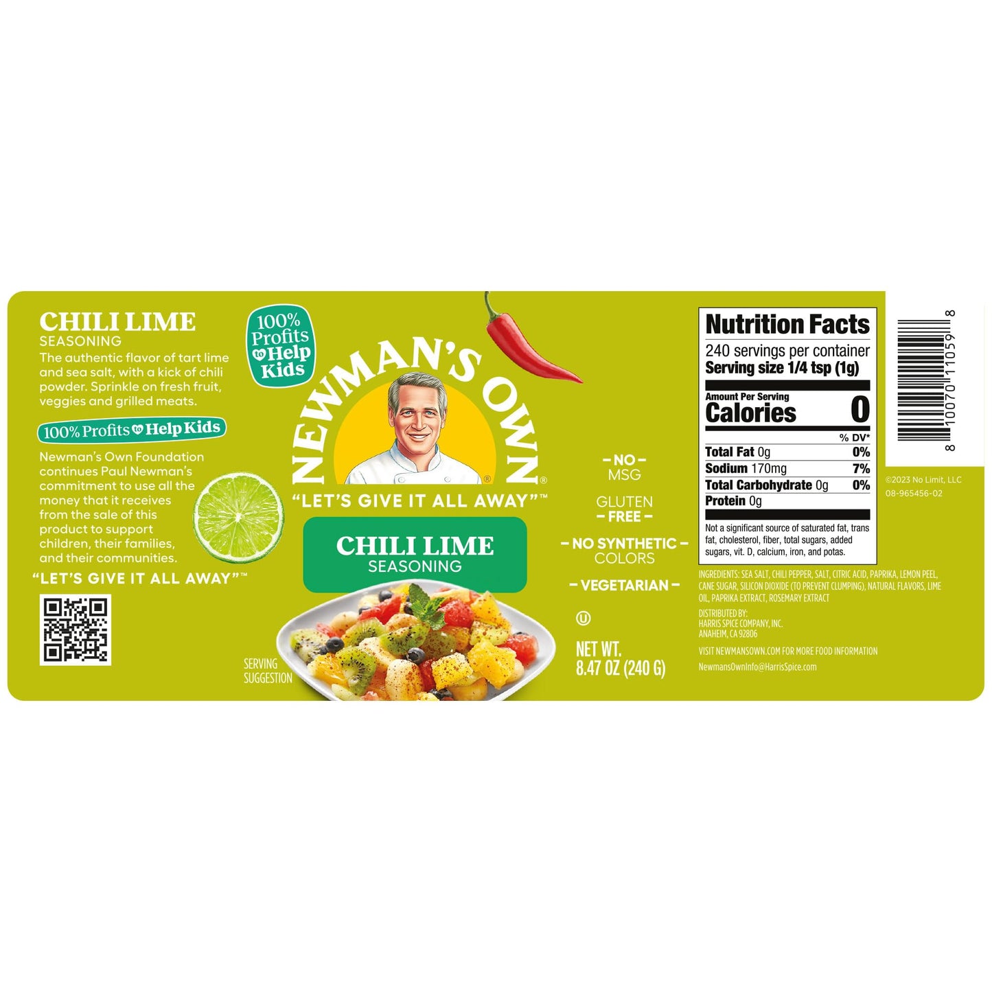 Newmans Own Chili Lime Seasoning; Perfect Spices for Topping Fruit and Rimmer, No MSG, Gluten Free; Kosher; 8.47 Oz. Bottle