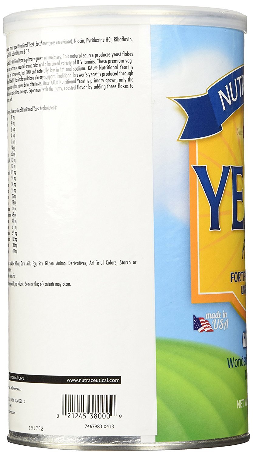 KAL Nutritional Yeast Flakes, Fortified with B12, Vegan, Gluten Free, 12oz, 34 Servings, Model 8552385