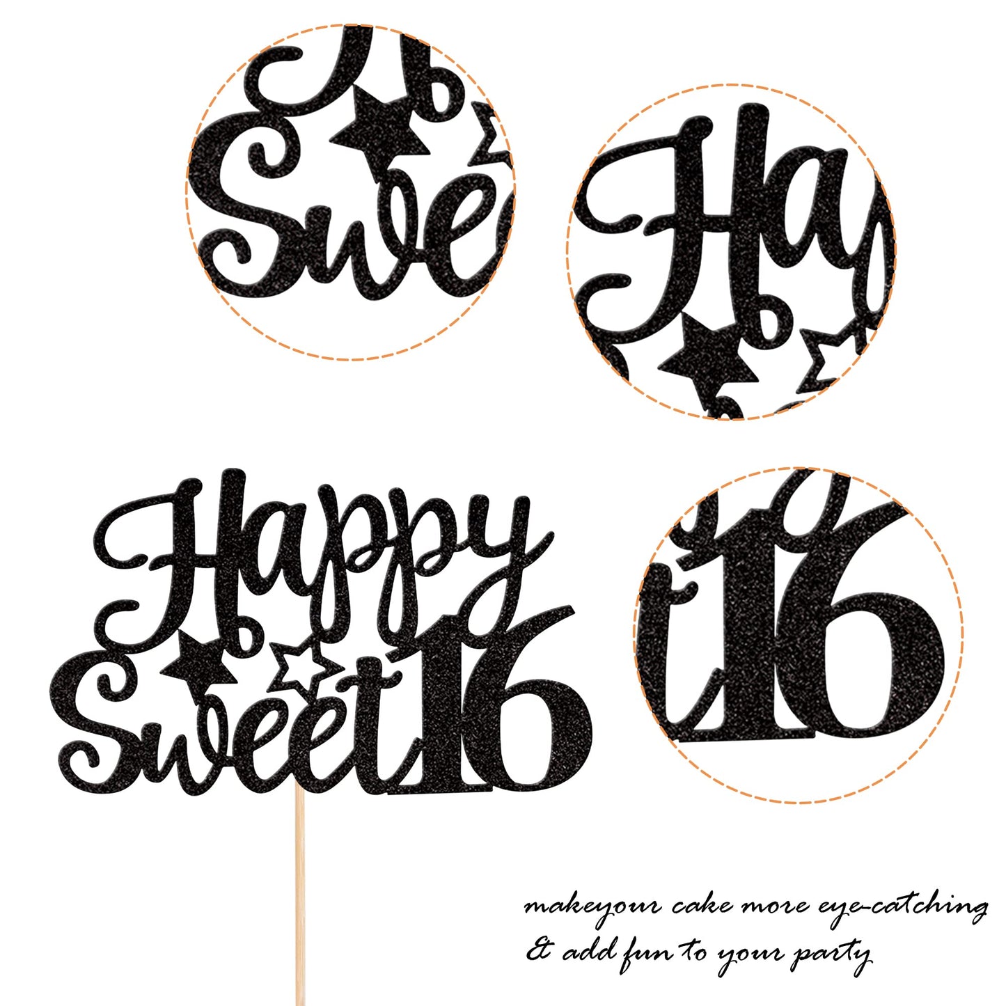 YCTHUNFISH Happy Sweet 16 Cake Topper, Glitter 16th Birthday Decoration, Bamboo, Black