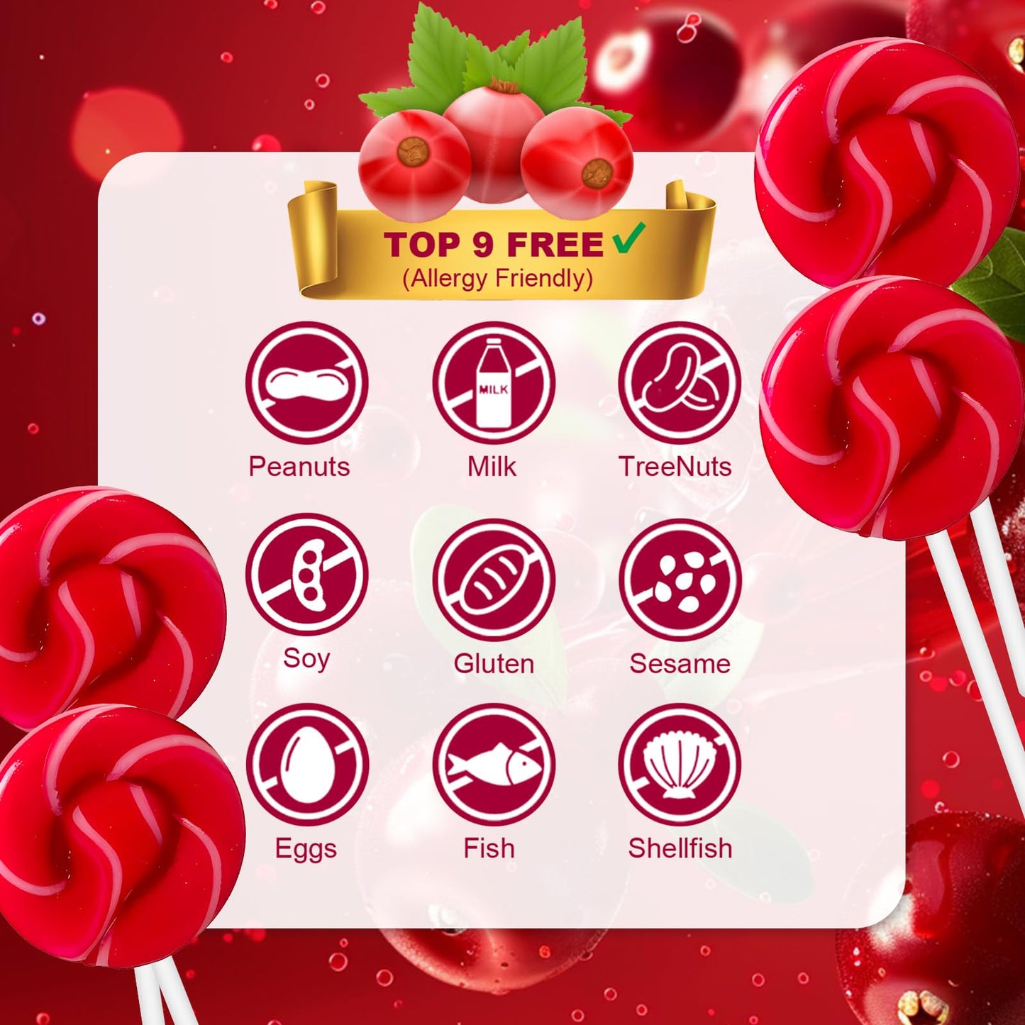 ZOFIA SWEET 32 Pack Red & White Twist Swirl Lollipops, Natural Cranberry Flavor, Gluten Free, Individually Wrapped