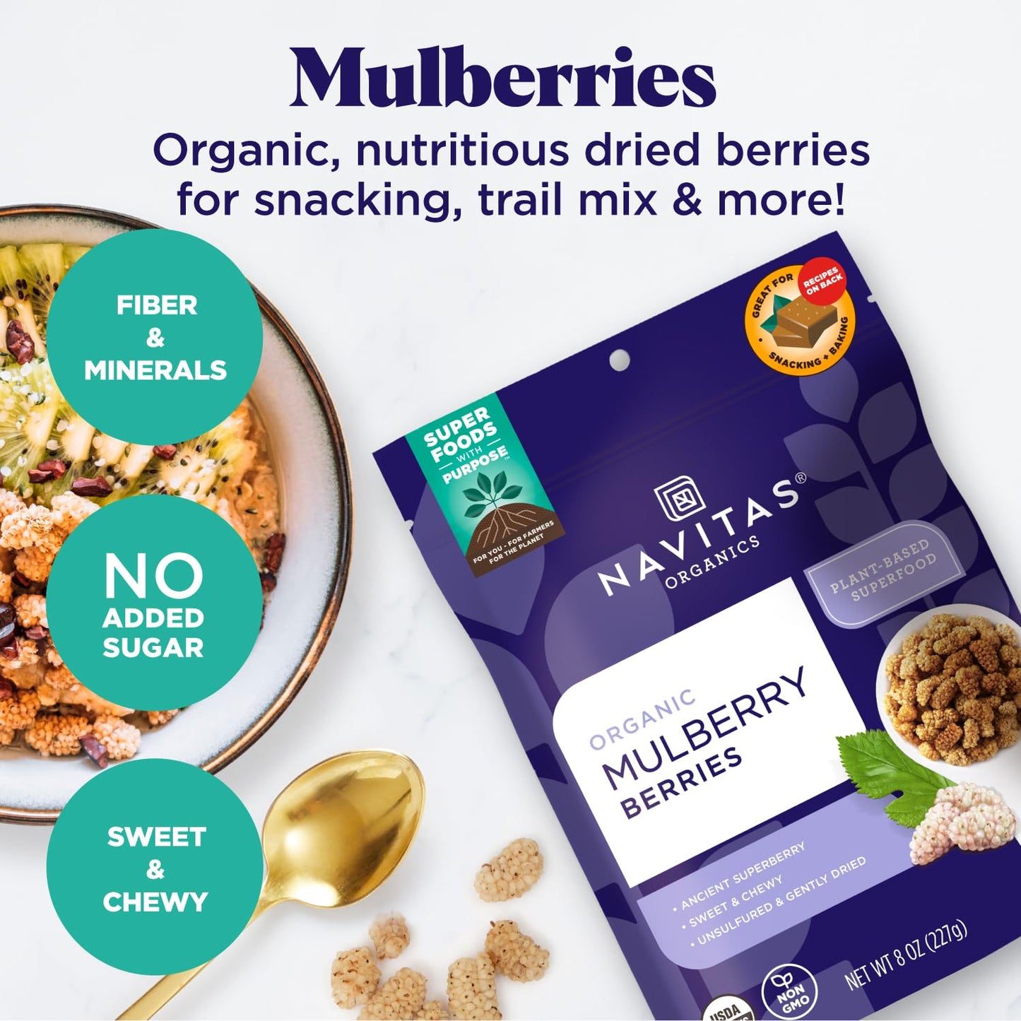 Navitas Organics Mulberries, 8 oz. Bag, 8 Servings - Organic, Non-GMO, Sun-Dried, Gluten-Free, Sulfite-Free (Pack of 1)