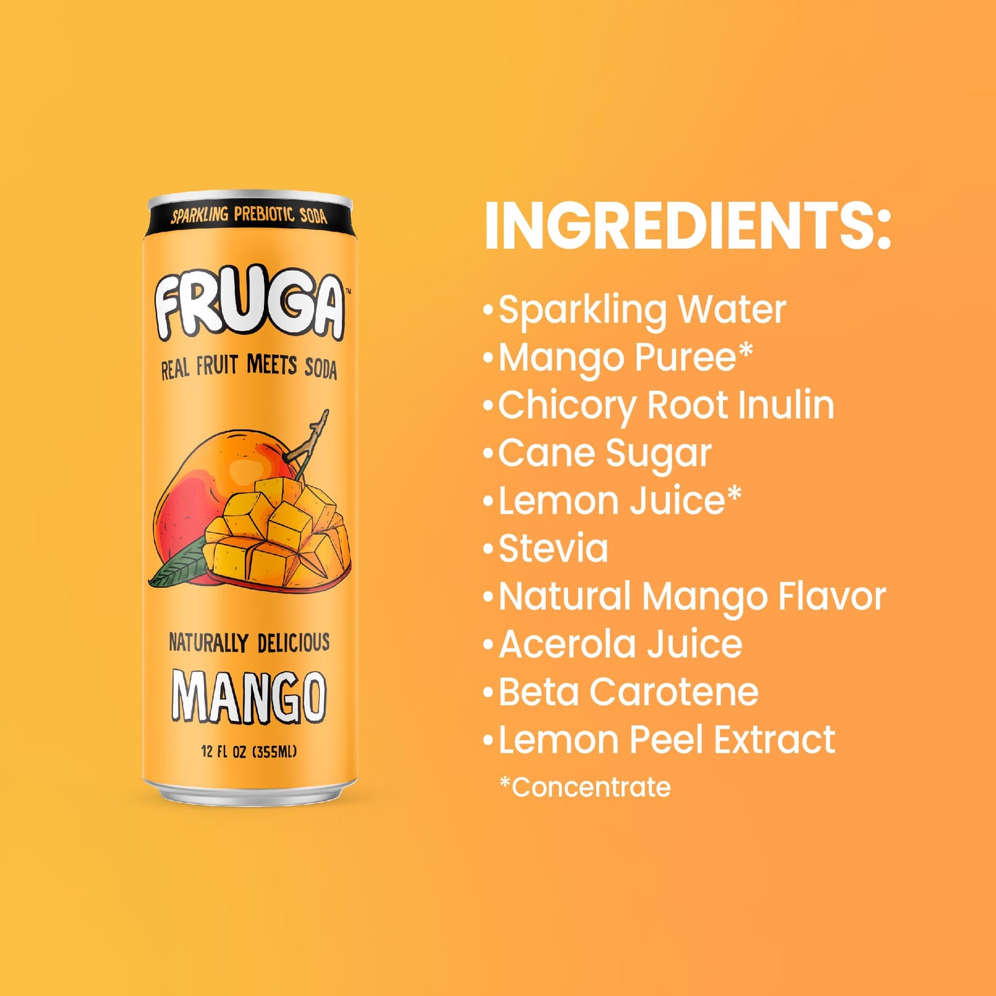 FRUGA Mango Prebiotic Sparkling Soda Drink | Low Calorie, 12 Fl Oz (Pack of 12)