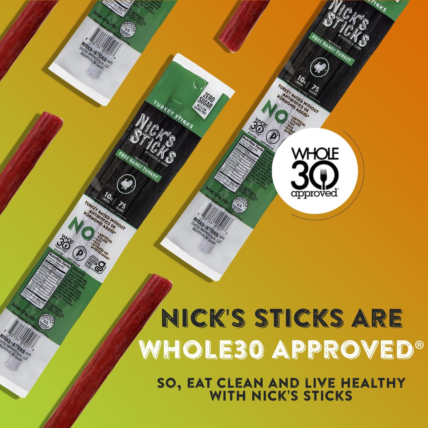 Nicks Sticks Clean & Balanced Free Range Turkey Snack Sticks | Made In The Usa | Gluten Free | Paleo | Keto | Whole30 Approved | No Soy,  S Or  S (12 – .9 Oz. Packs Of 1 Sticks)
