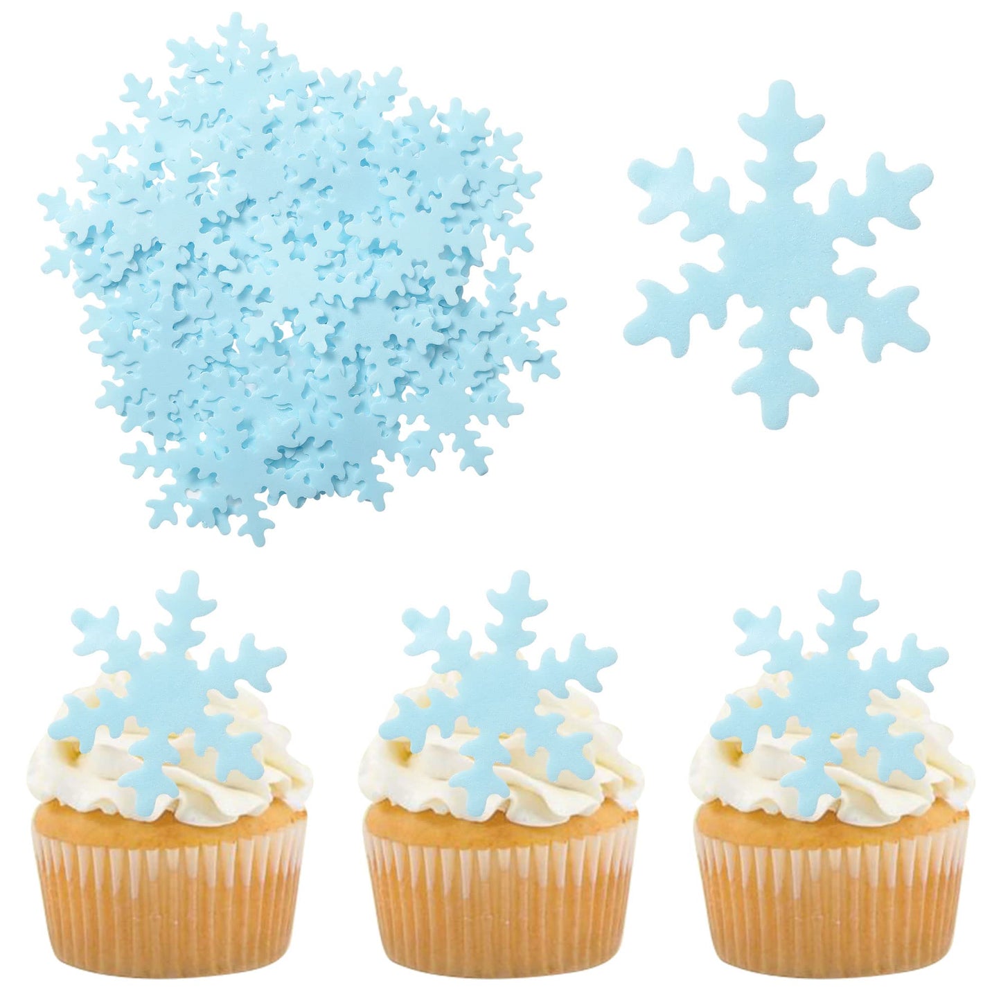 Gyufise 50Pcs Edible Snowflakes Blue Cupcake Cake Toppers Decoration For Chirstmas Winter Frozen Theme Party Supplies