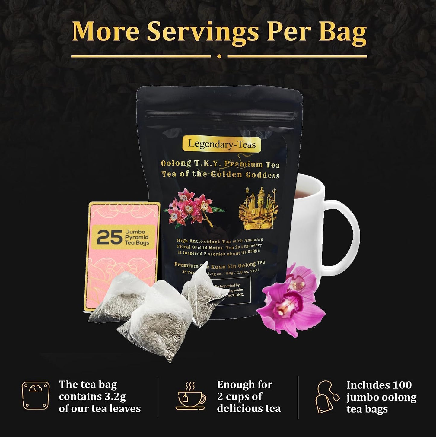 Legendary-Teas Oolong T.K Y. Pyramid Tea Bags 25 Pack Sealed In Foil Pouches (Oolong T.K.Y. Tea, 25 Pack Pouch)