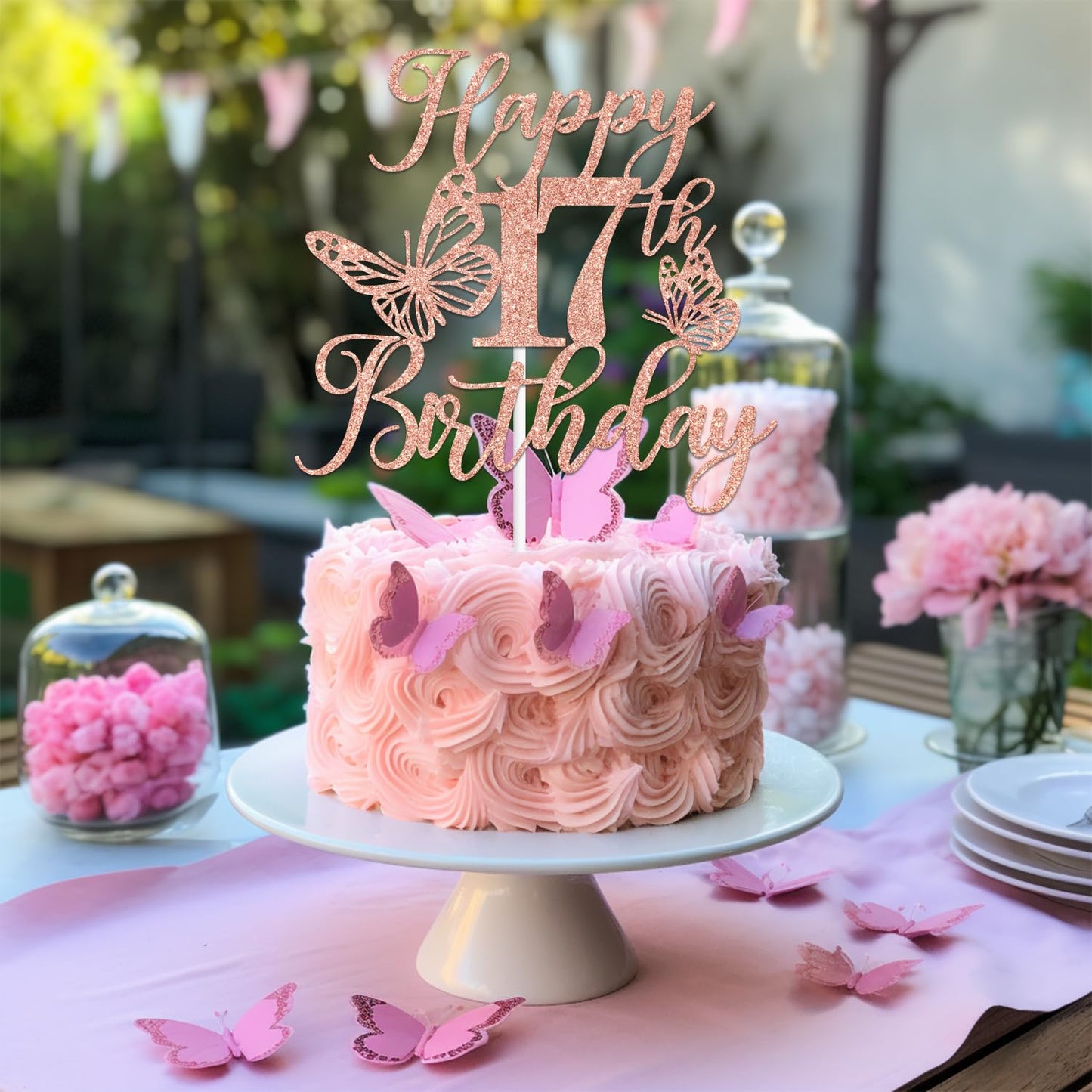 We Can Bearly Wait Rose Gold Glitter Cake Topper, Happy 17th Birthday, Butterfly Theme, Paper Decoration for Girls