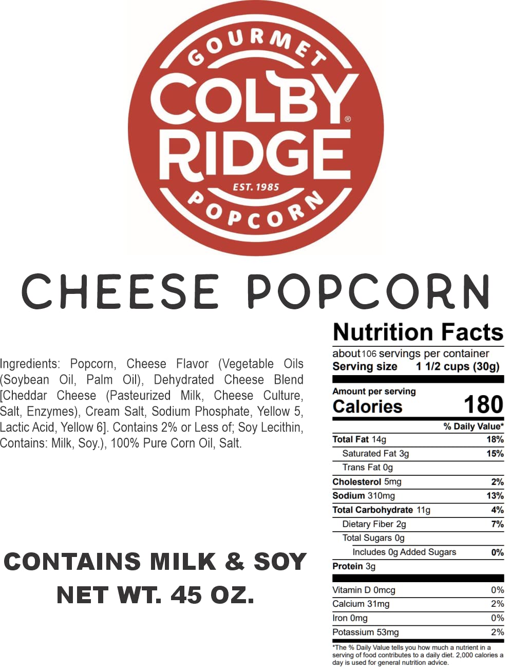 Colby Ridge Cheddar Cheese Gourmet Popcorn Bulk 5 Gal (80 Cups) Gluten Free 45 Ounce