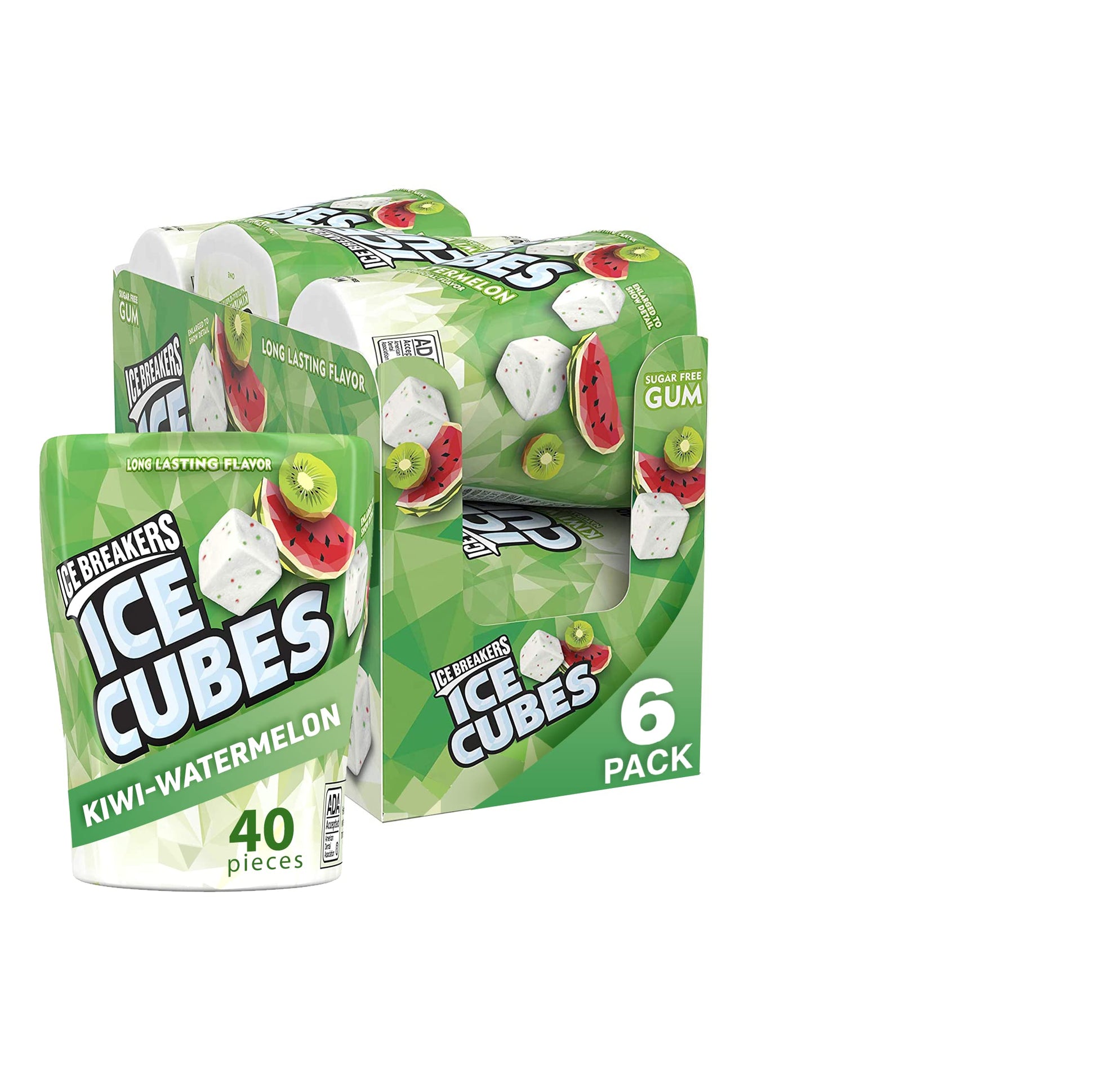 ICE BREAKERS Ice Cubes Kiwi Watermelon Sugar Free Chewing Gum Bottles, 3.24 oz (6 Count, 40 Pieces)