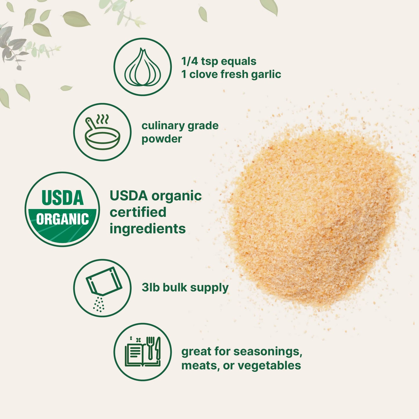 Organic Garlic Powder, 3Lbs | Premium Source From Harvested Raw Allium Sativum Bulb |Culinary Grade | Great For Seasonings, Meats & Vegetables | Additive Free, Non-Gmo, Bulk Supply