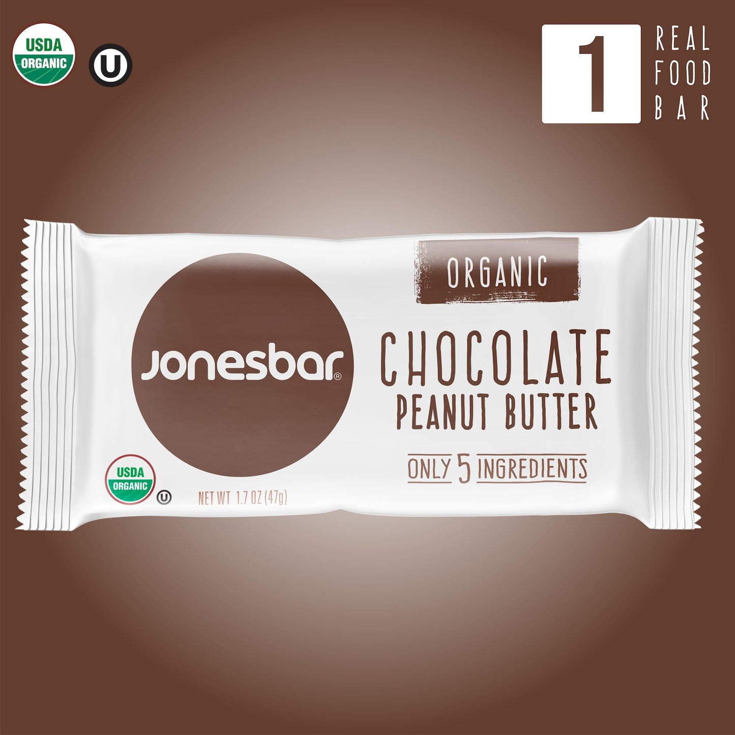 JONESBAR USDA Organic Fruit & Nut Bar, Non-GMO, Kosher, Vegan, Gluten Free, Simple Snack (Chocolate Peanut Butter, 1 Bar (Pack o